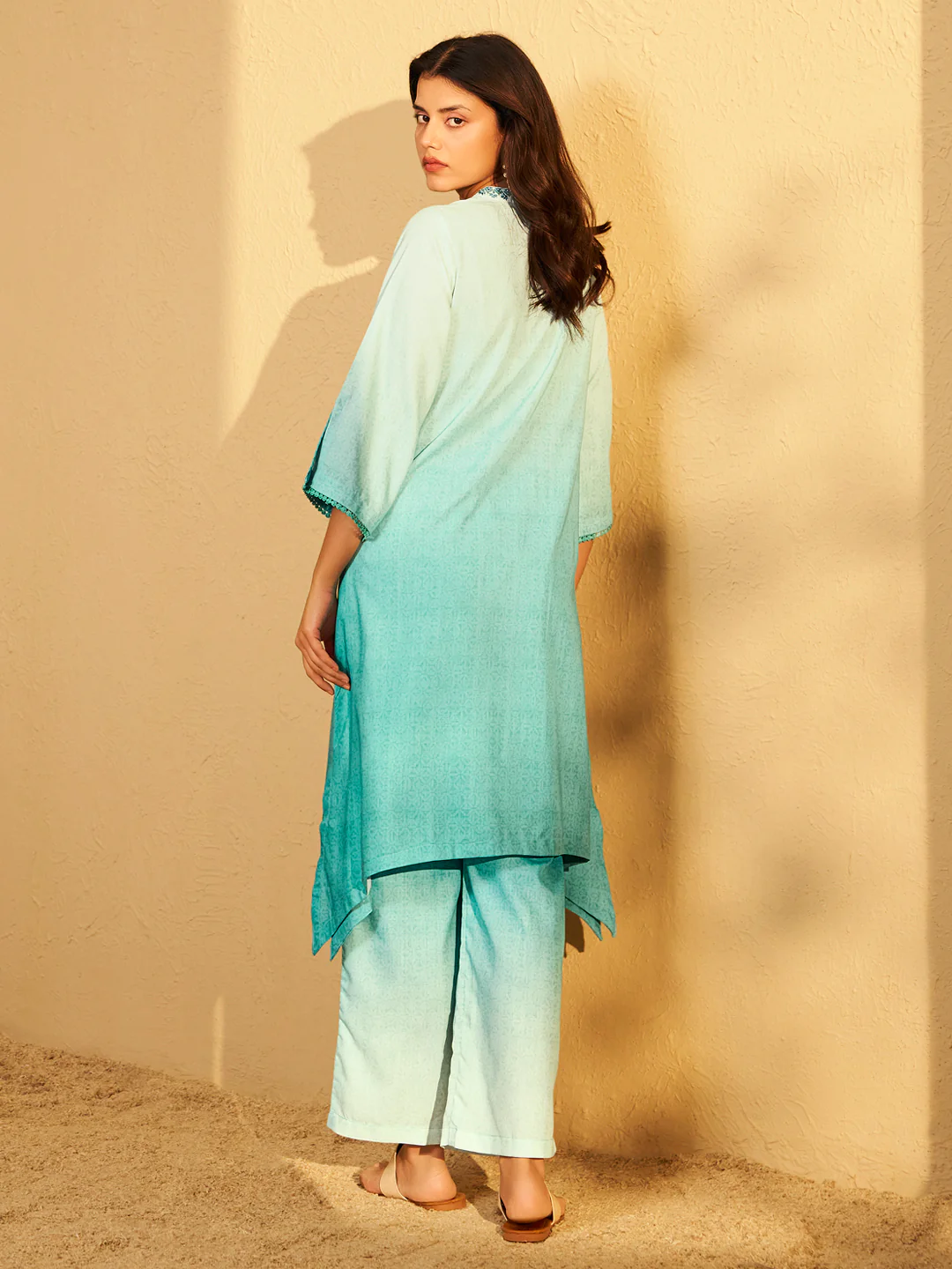 Aqua Blue Ombre Embroidered Kurta Set - Image 3