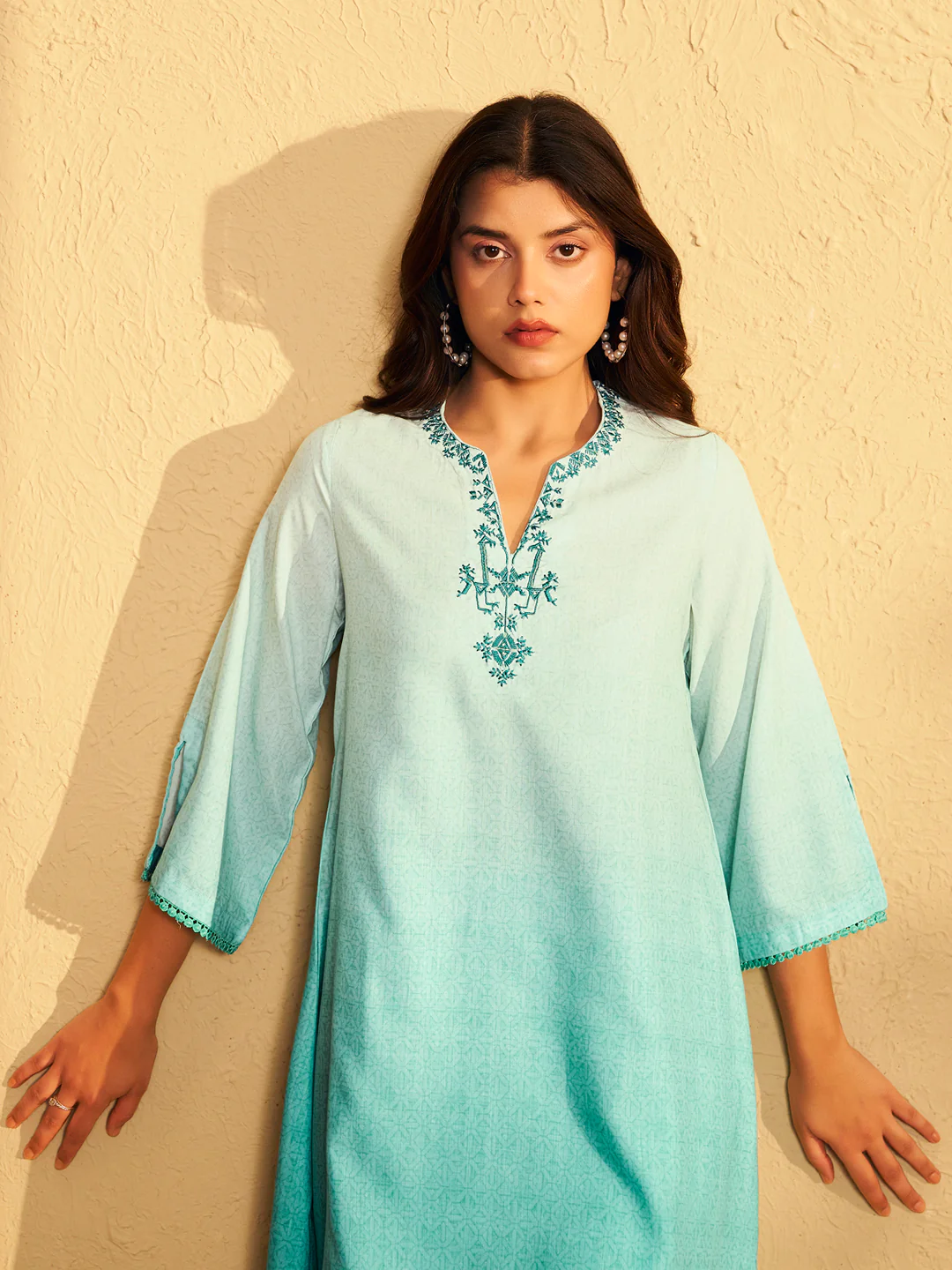 Aqua Blue Ombre Embroidered Kurta Set - Image 4