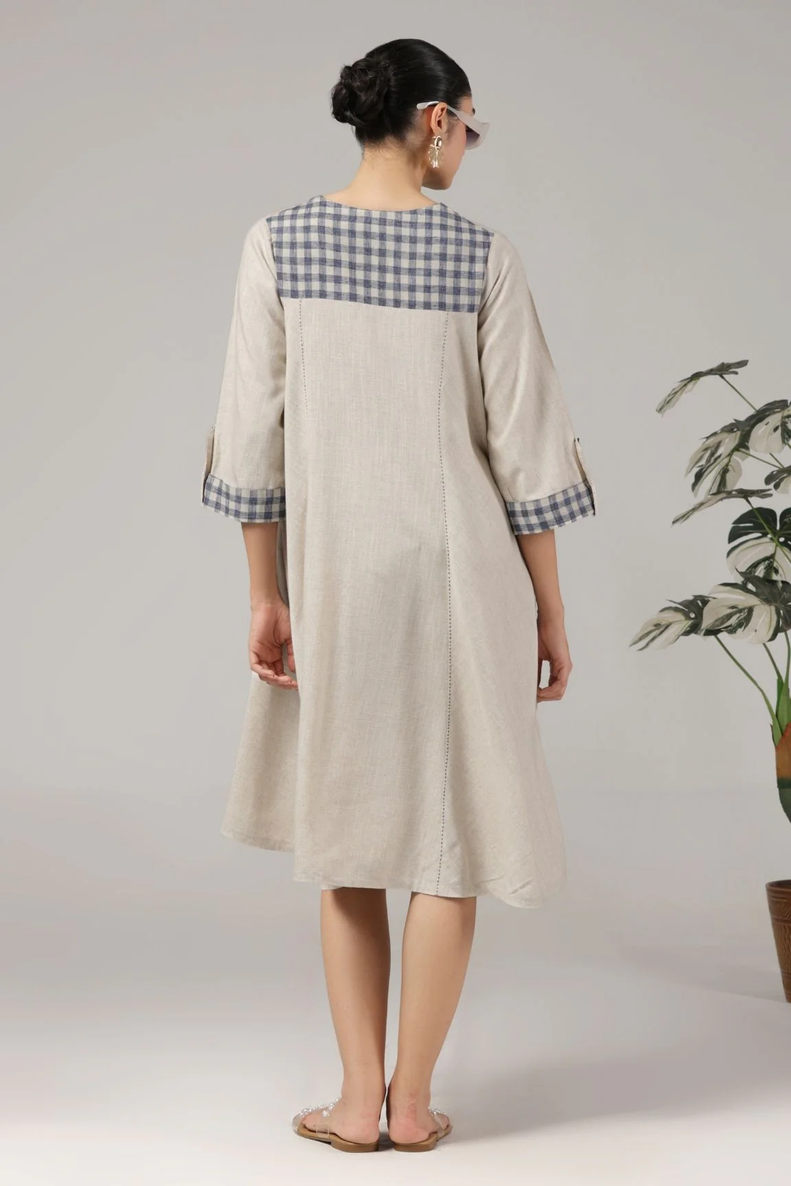Beige and Navy Handloom Cotton High-Low Dress - Image 4