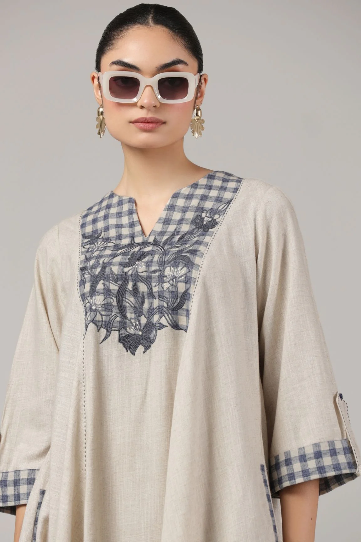 Beige and Navy Handloom Cotton High-Low Dress - Image 5