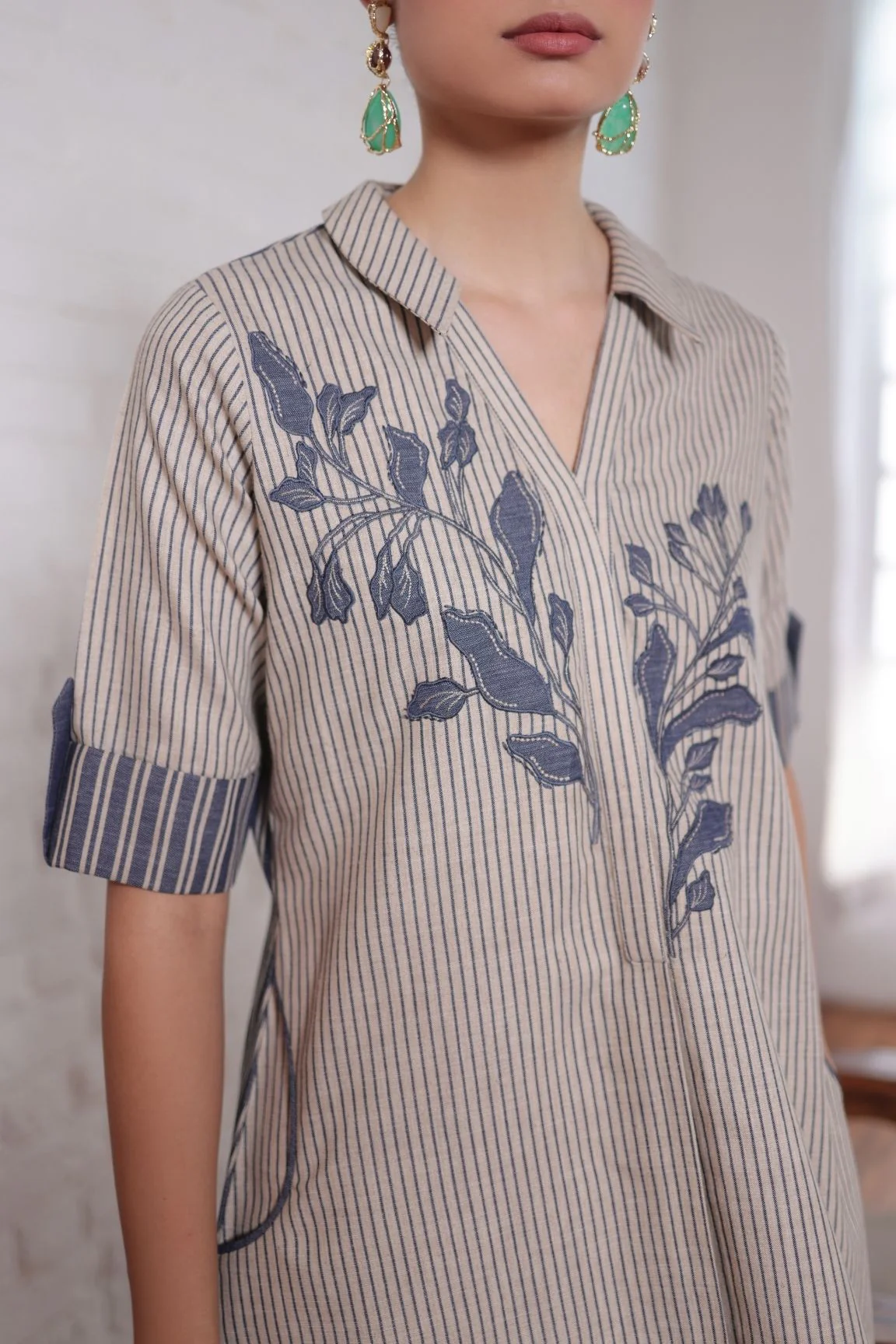 Beige & Blue Striped Embroidered Shirt Dress - Image 3