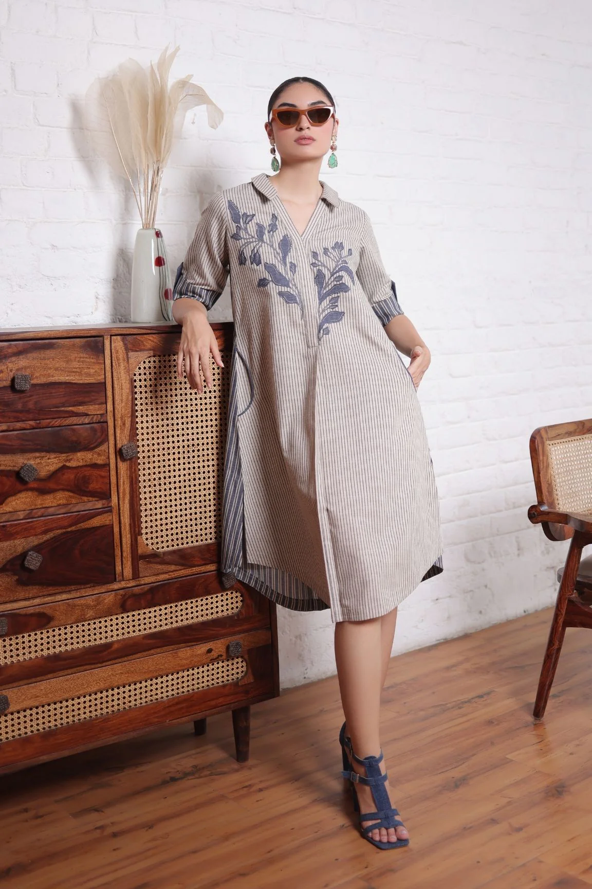 Beige & Blue Striped Embroidered Shirt Dress - Image 5