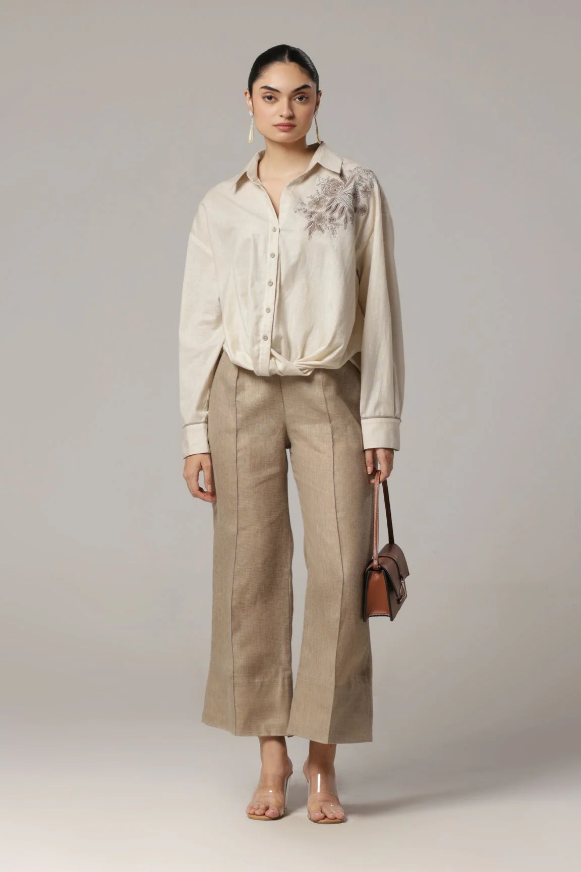 Beige Floral Embroidered Relaxed Fit Shirt - Image 4