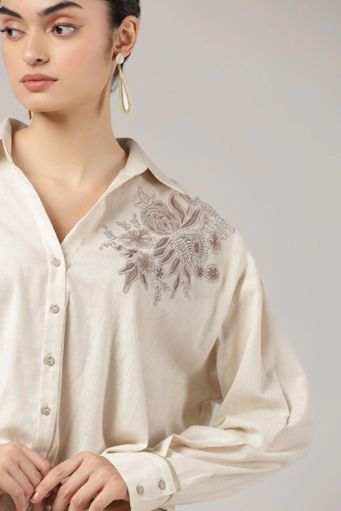 Beige Floral Embroidered Relaxed Fit Shirt - Image 5