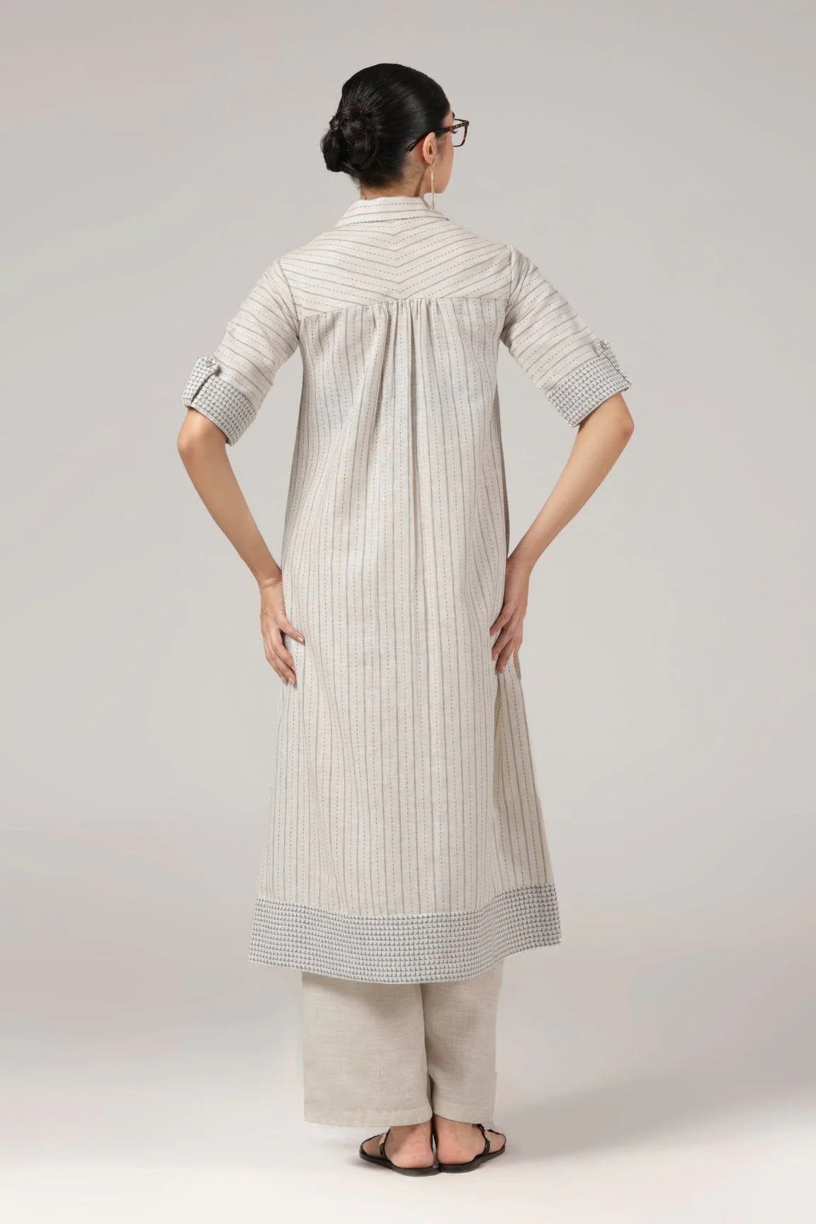 Beige Striped Embroidered Linen Kurta Set - Image 4