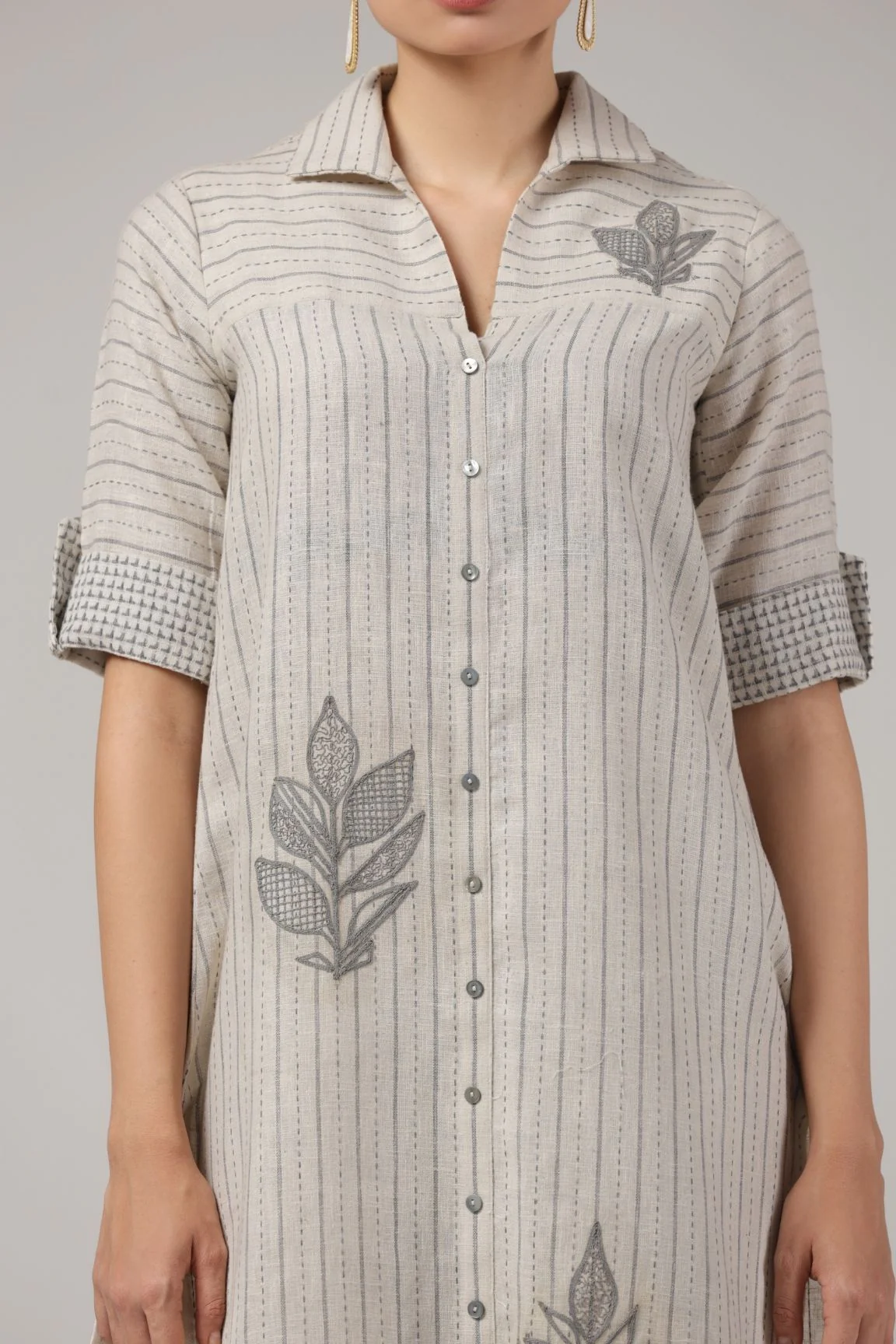 Beige Striped Embroidered Linen Kurta Set - Image 5