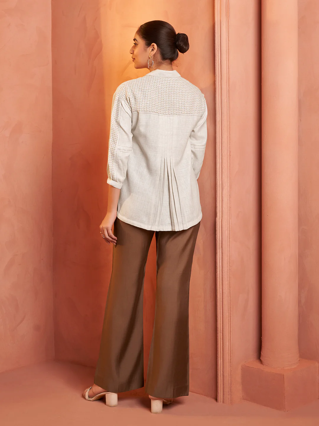 Beige Textured Embroidered Shirt - Image 6