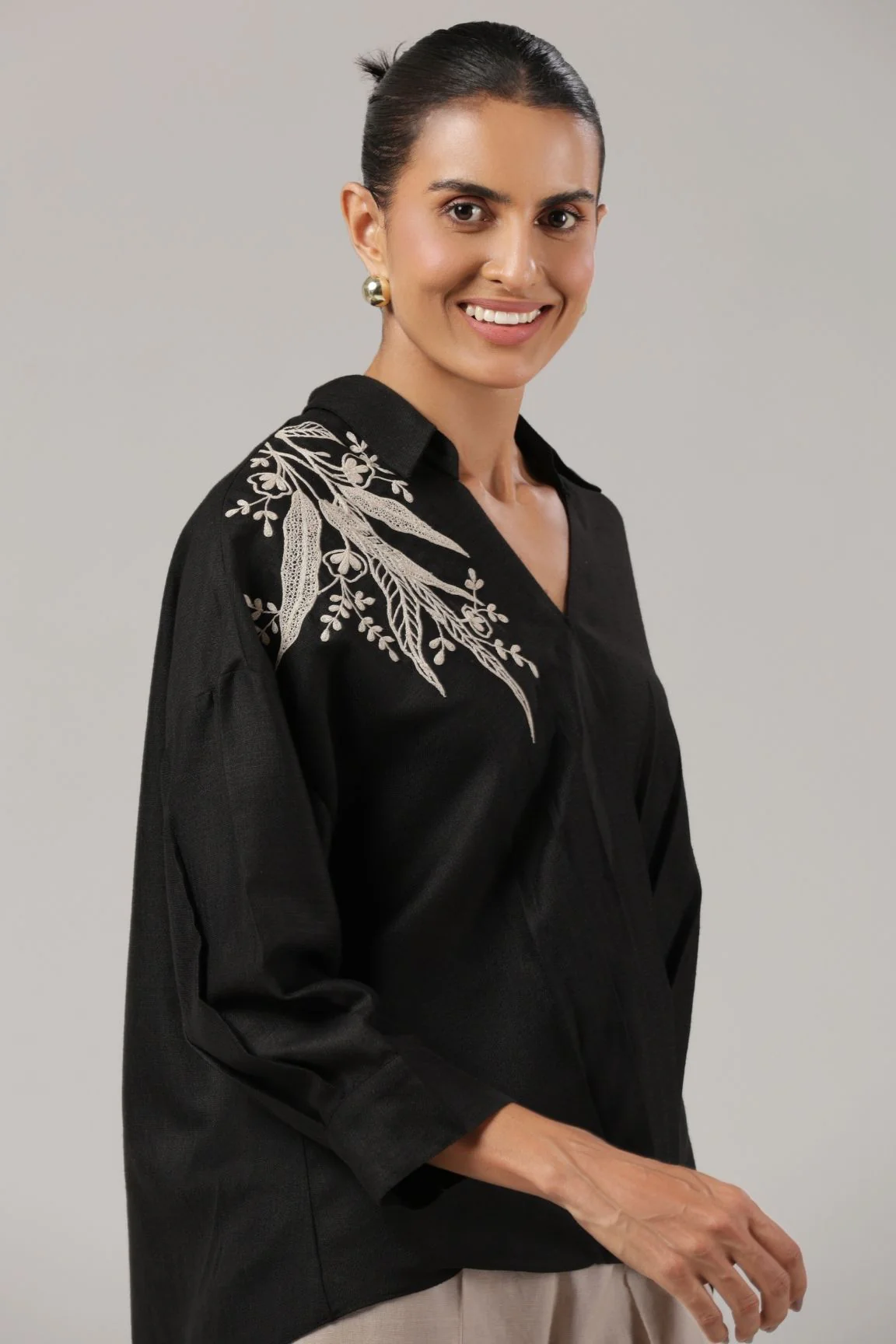 Black Embroidered Wrap-Style Cotton Shirt - Image 4