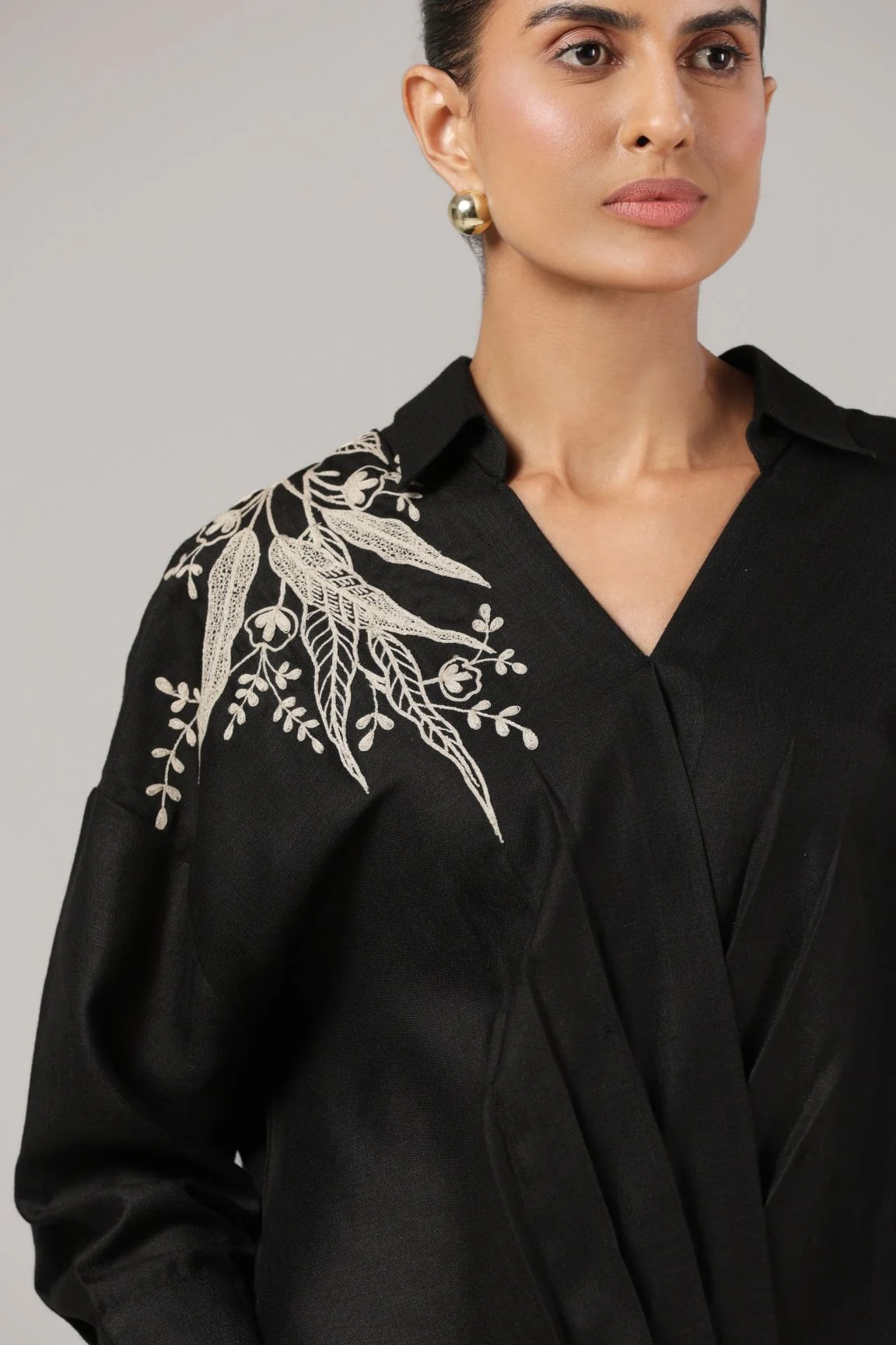 Black Embroidered Wrap-Style Cotton Shirt - Image 5