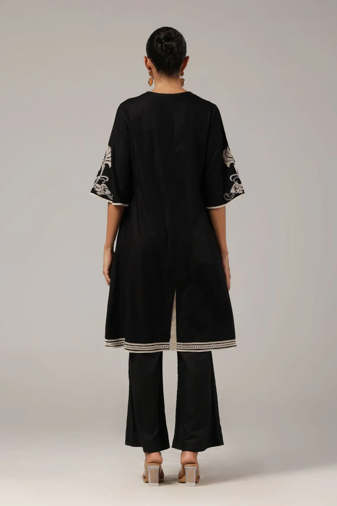 Black Floral Embroidered Organic Cotton Kurta Set - Image 3