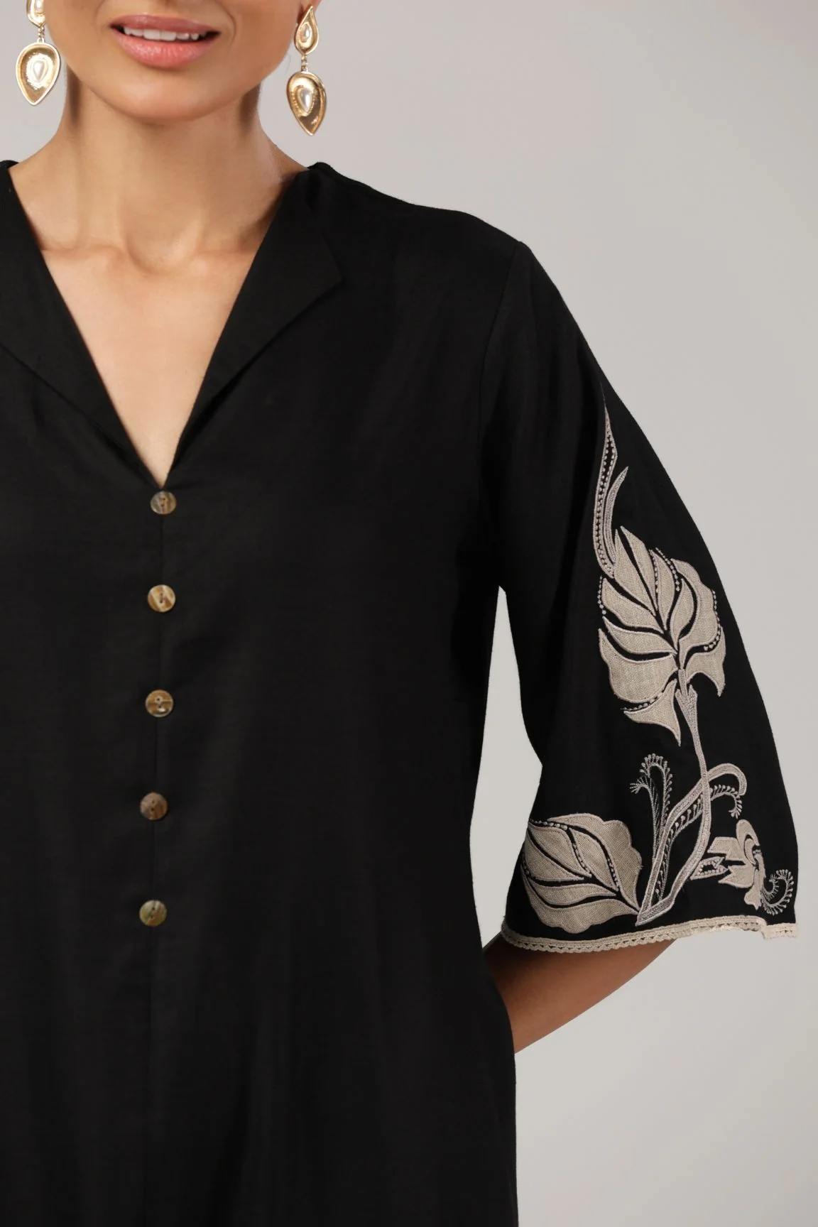 Black Floral Embroidered Organic Cotton Kurta Set - Image 4