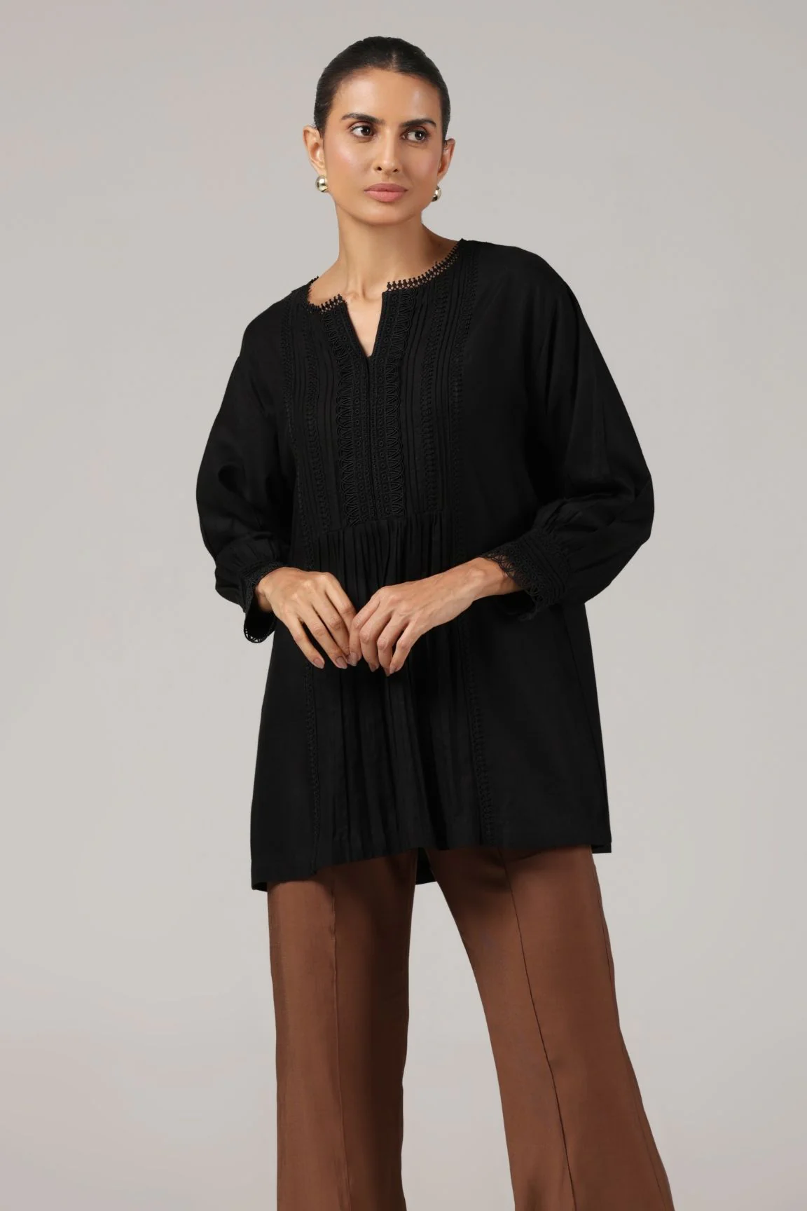 Black Textured Pleated Organic Cotton Top - Image 5