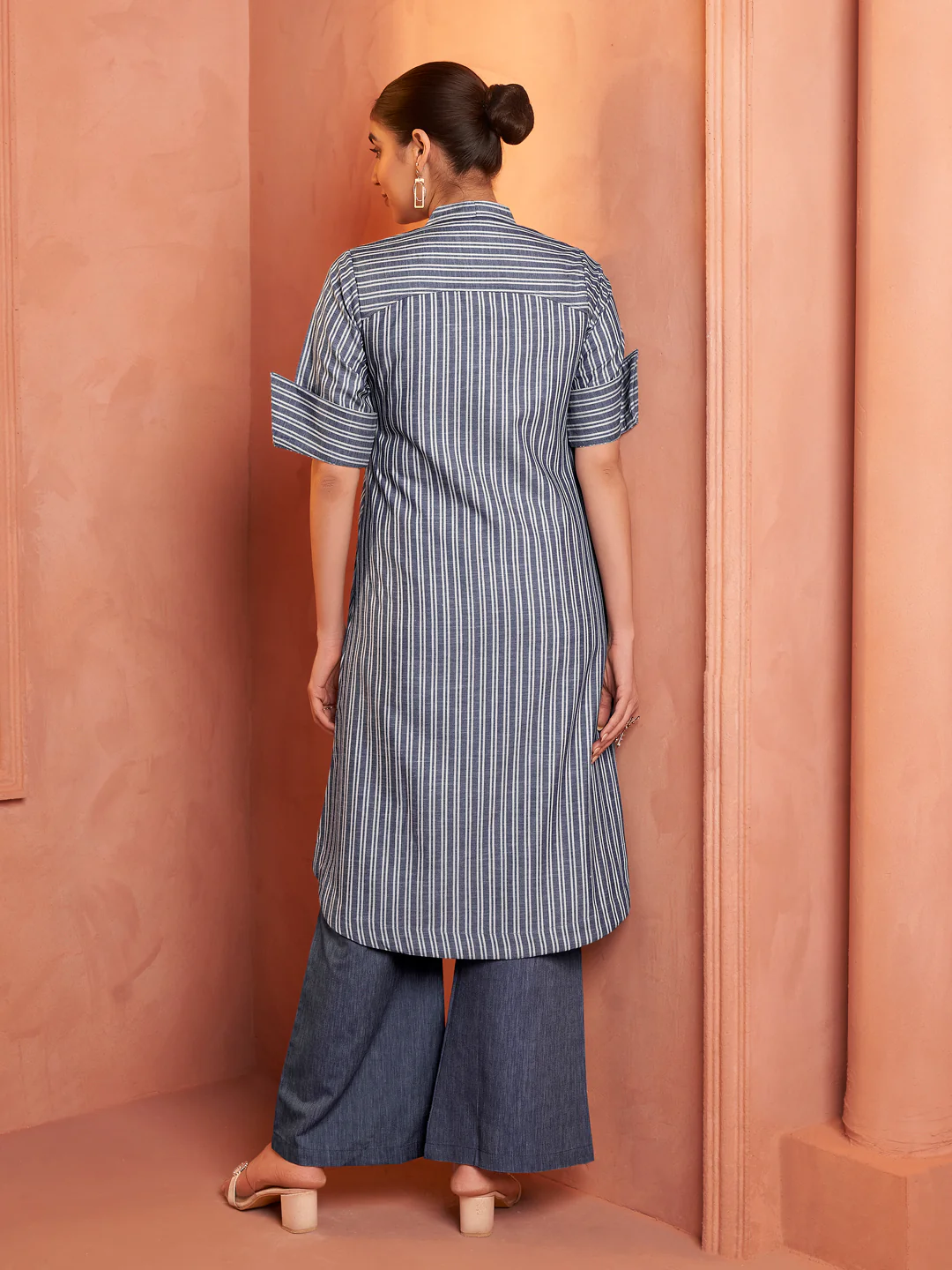 Blue Striped Embroidered Cotton Kurta Set - Image 3