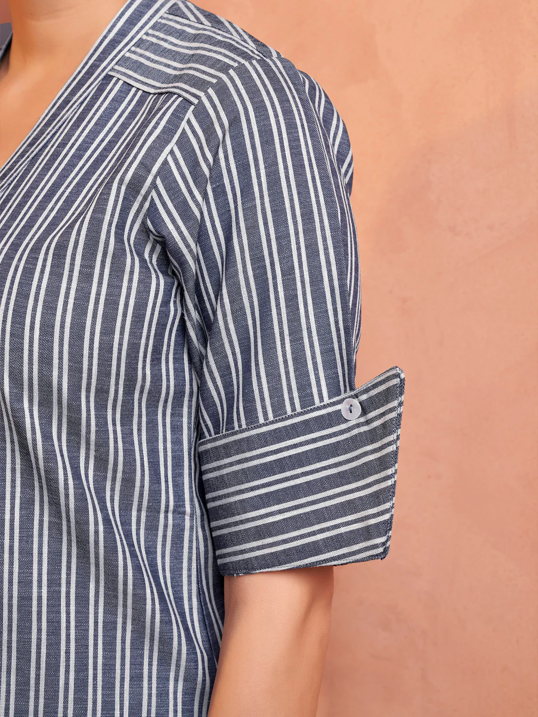 Blue Striped Embroidered Cotton Kurta Set - Image 5