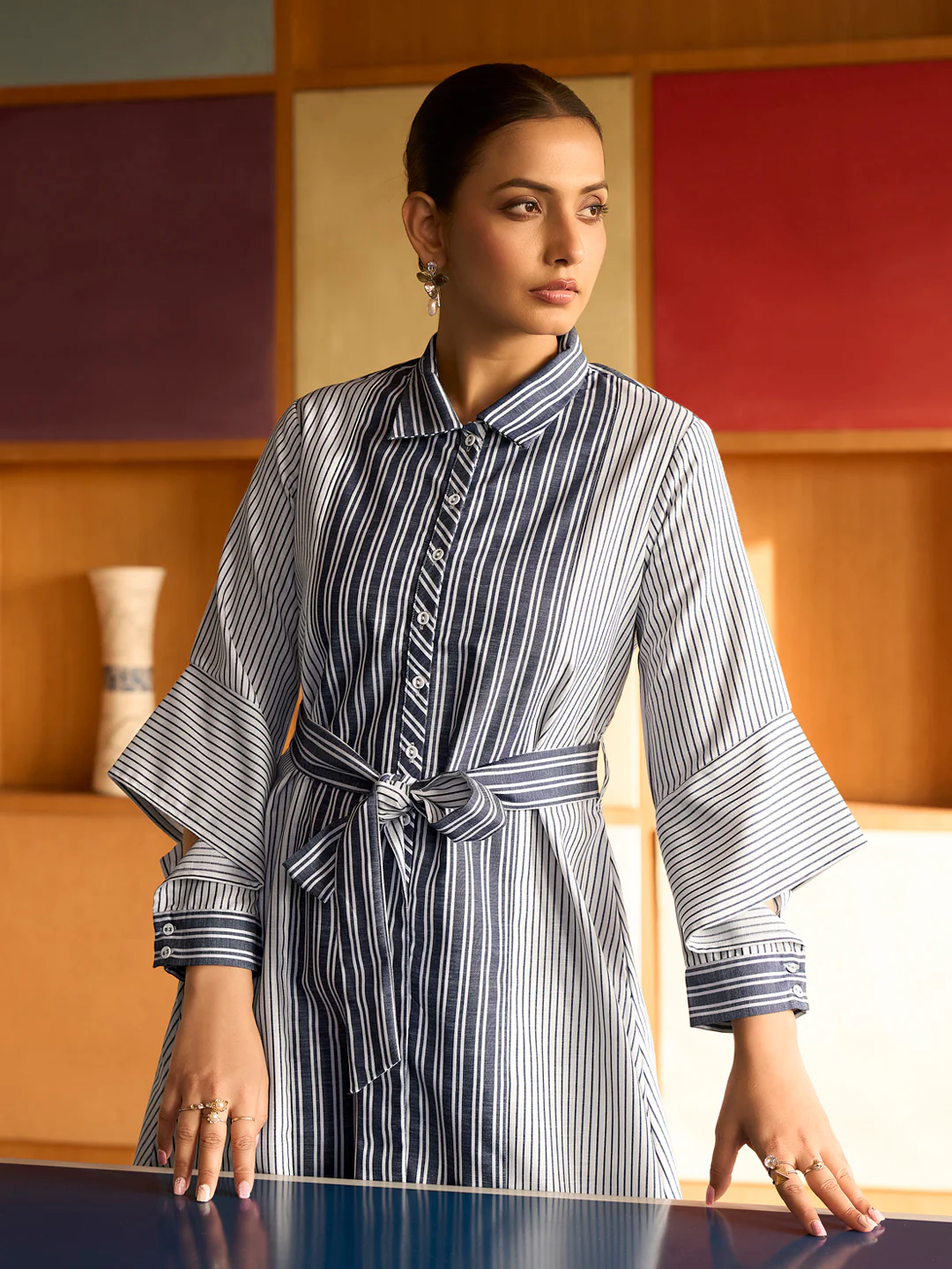 Blue & White Striped Belted Shirt Dress - Image 3