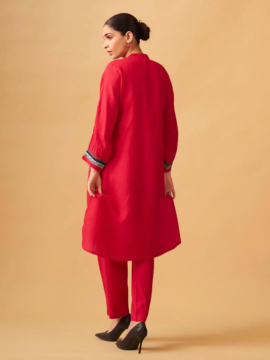 Bold Red Rayon Slub Contemporary Kurta Set - Image 3