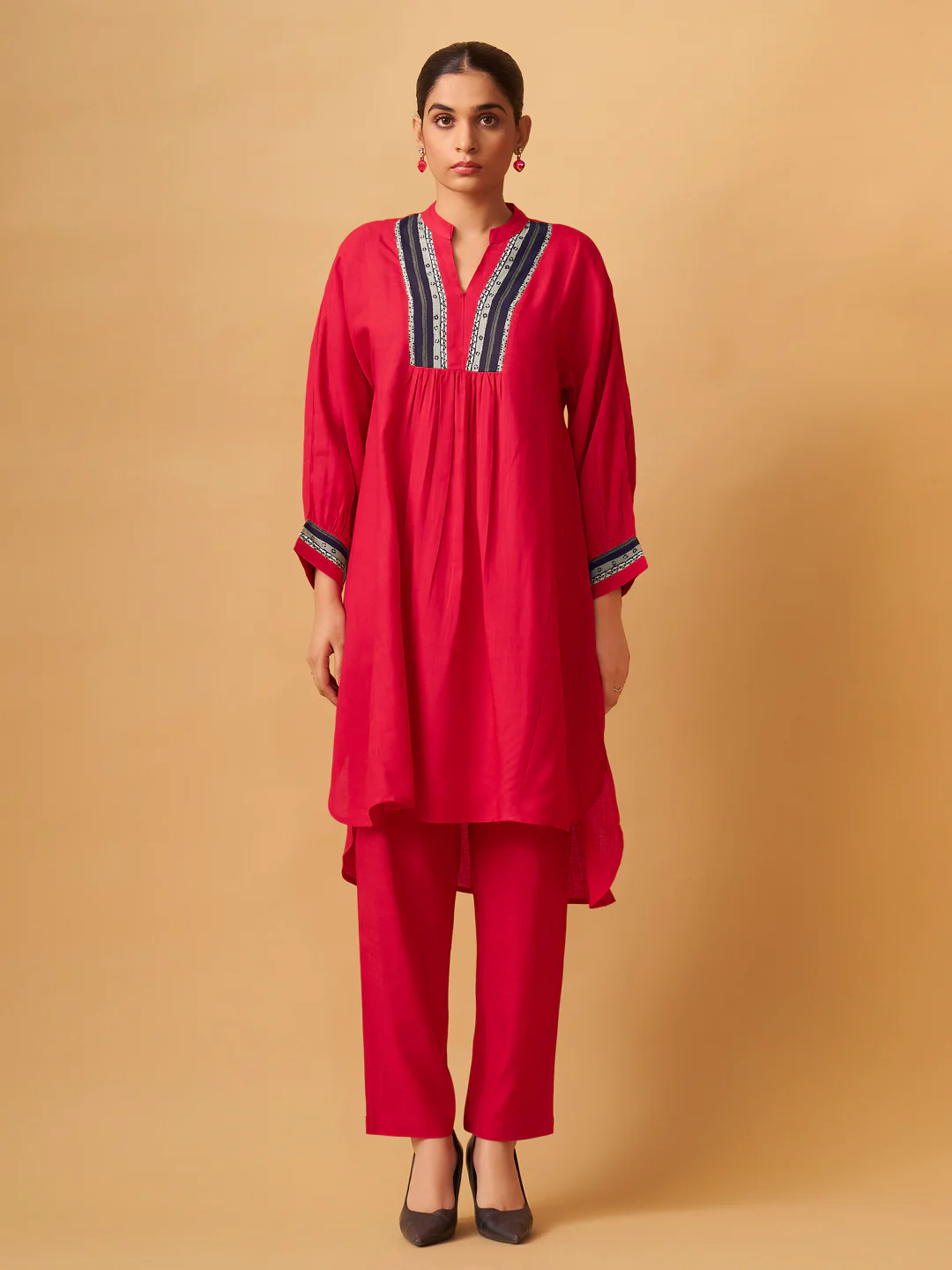 Bold Red Rayon Slub Contemporary Kurta Set - Image 4