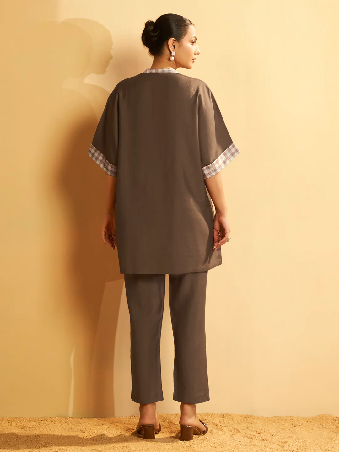 Chocolate Brown Embroidered V-Neck Co-ord Set - Image 3