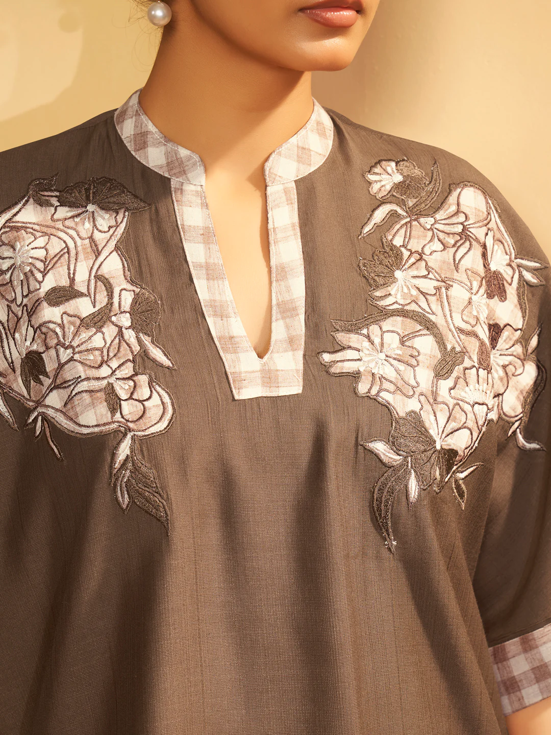 Chocolate Brown Embroidered V-Neck Co-ord Set - Image 4