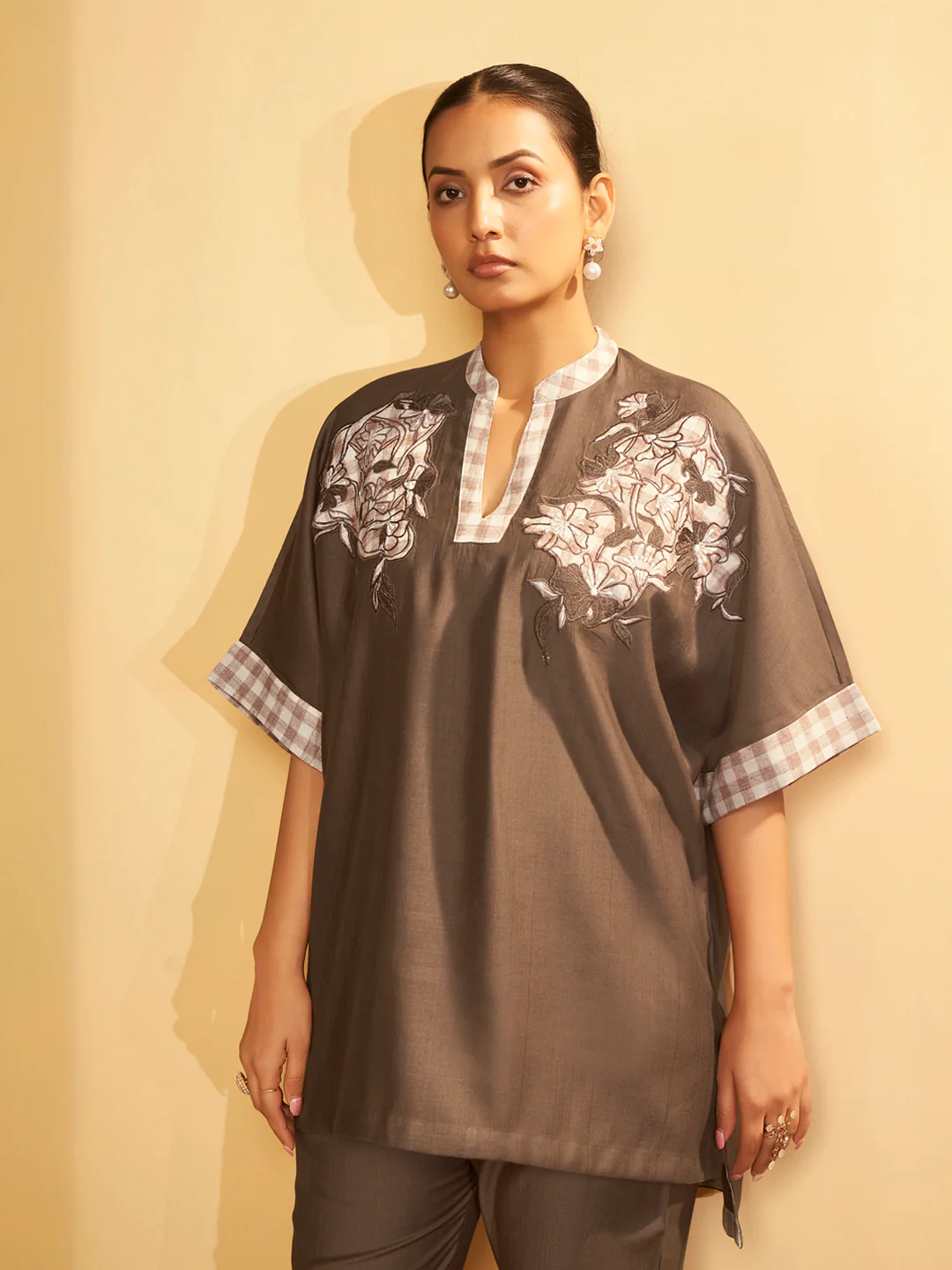Chocolate Brown Embroidered V-Neck Co-ord Set - Image 5