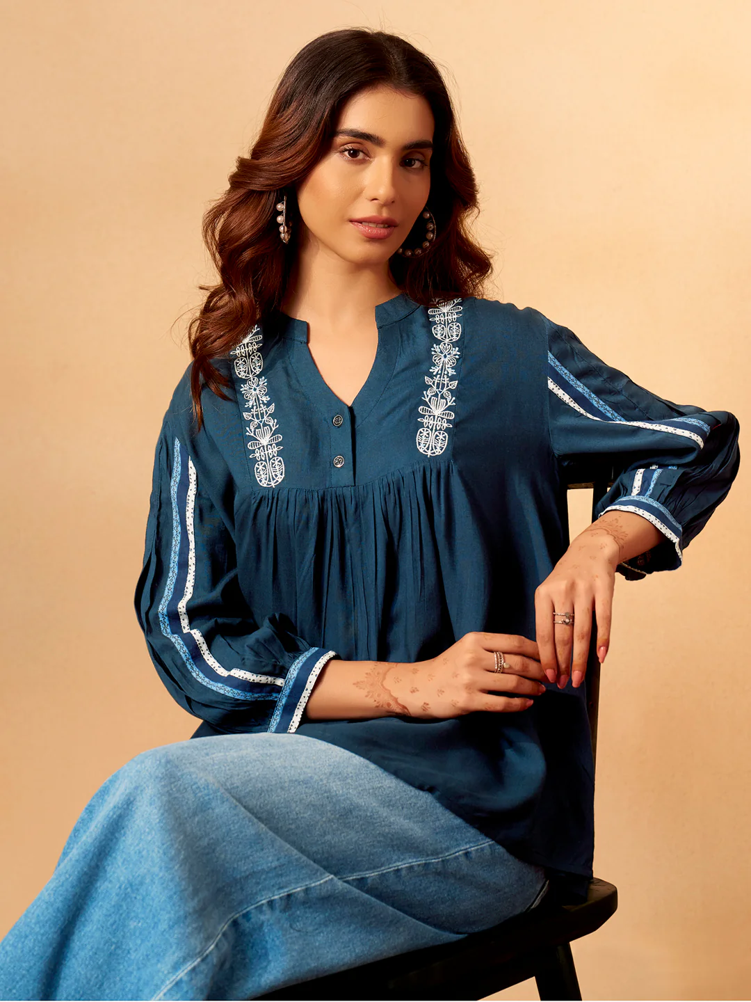 Classic Blue Rayon Slub Comfort Fit Top - Image 5