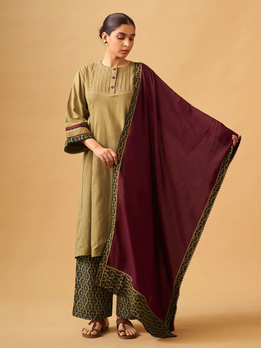 Classic Mustard Cotton Kurta Set with Printed Bottoms - Image 4