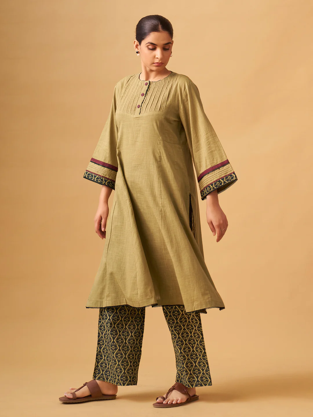 Classic Mustard Cotton Kurta Set with Printed Bottoms - Image 6