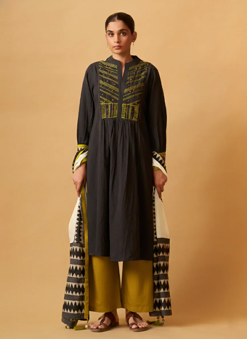 Coffee Embroidered Cotton Kurta Set with Printed Dupatta - Image 3