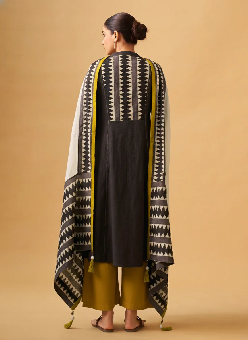 Coffee Embroidered Cotton Kurta Set with Printed Dupatta - Image 4