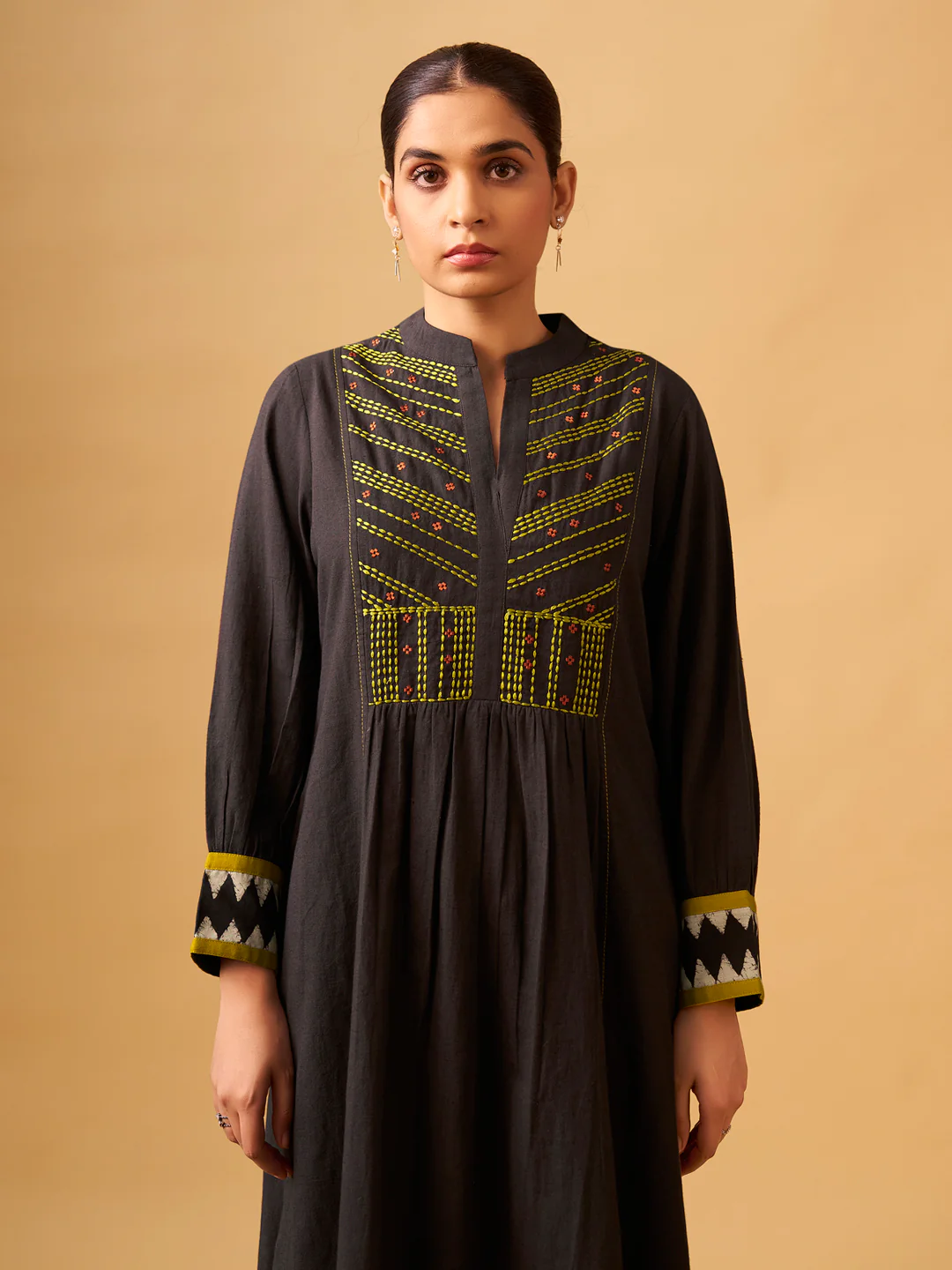 Coffee Embroidered Cotton Kurta Set with Printed Dupatta - Image 5