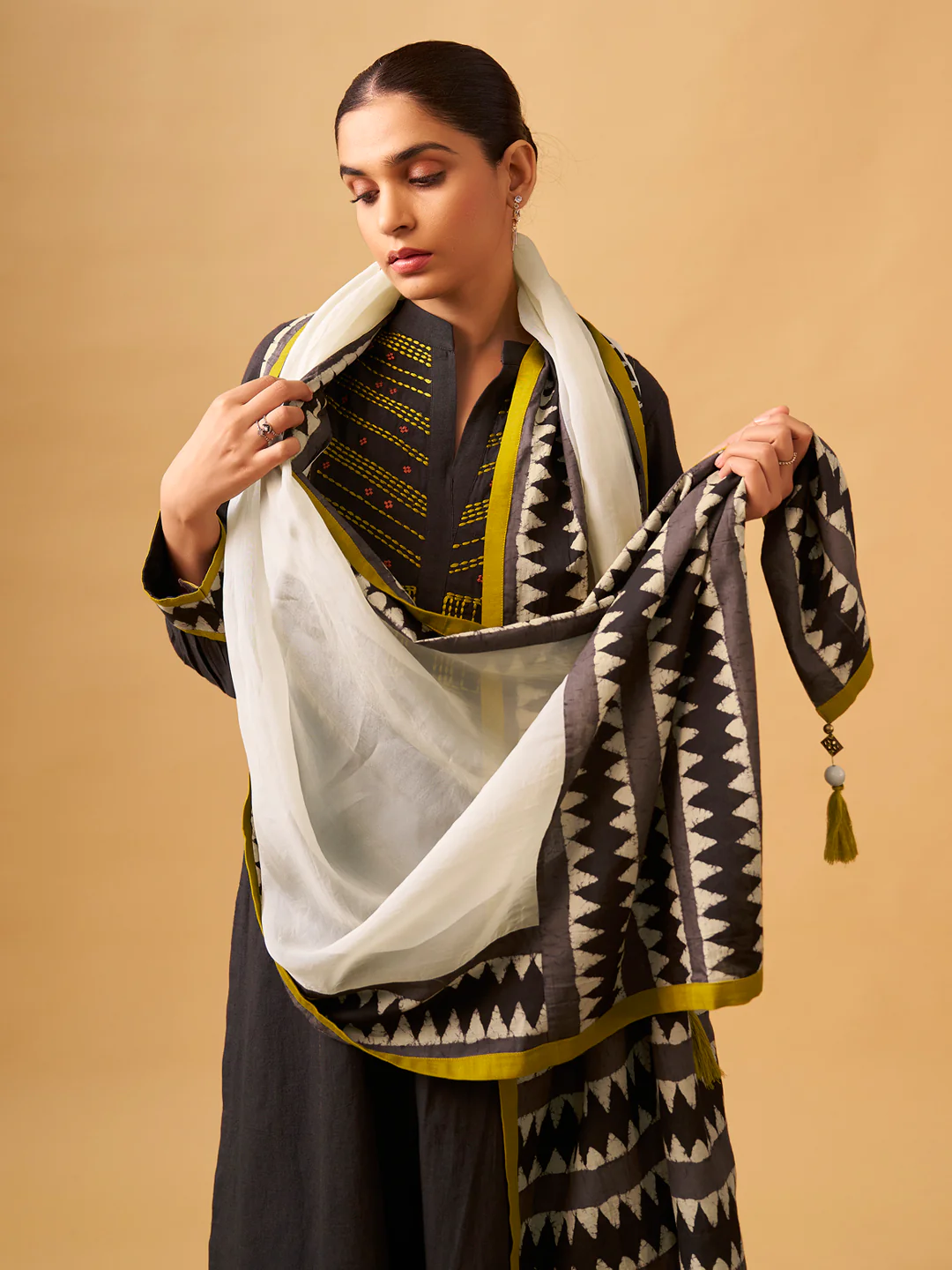 Coffee Embroidered Cotton Kurta Set with Printed Dupatta - Image 7