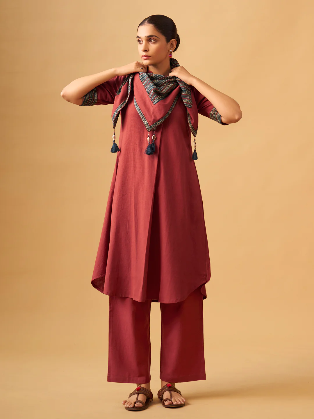 Cotton Kurta Set with Contrast Detailing & Tassel Scarf - Image 2