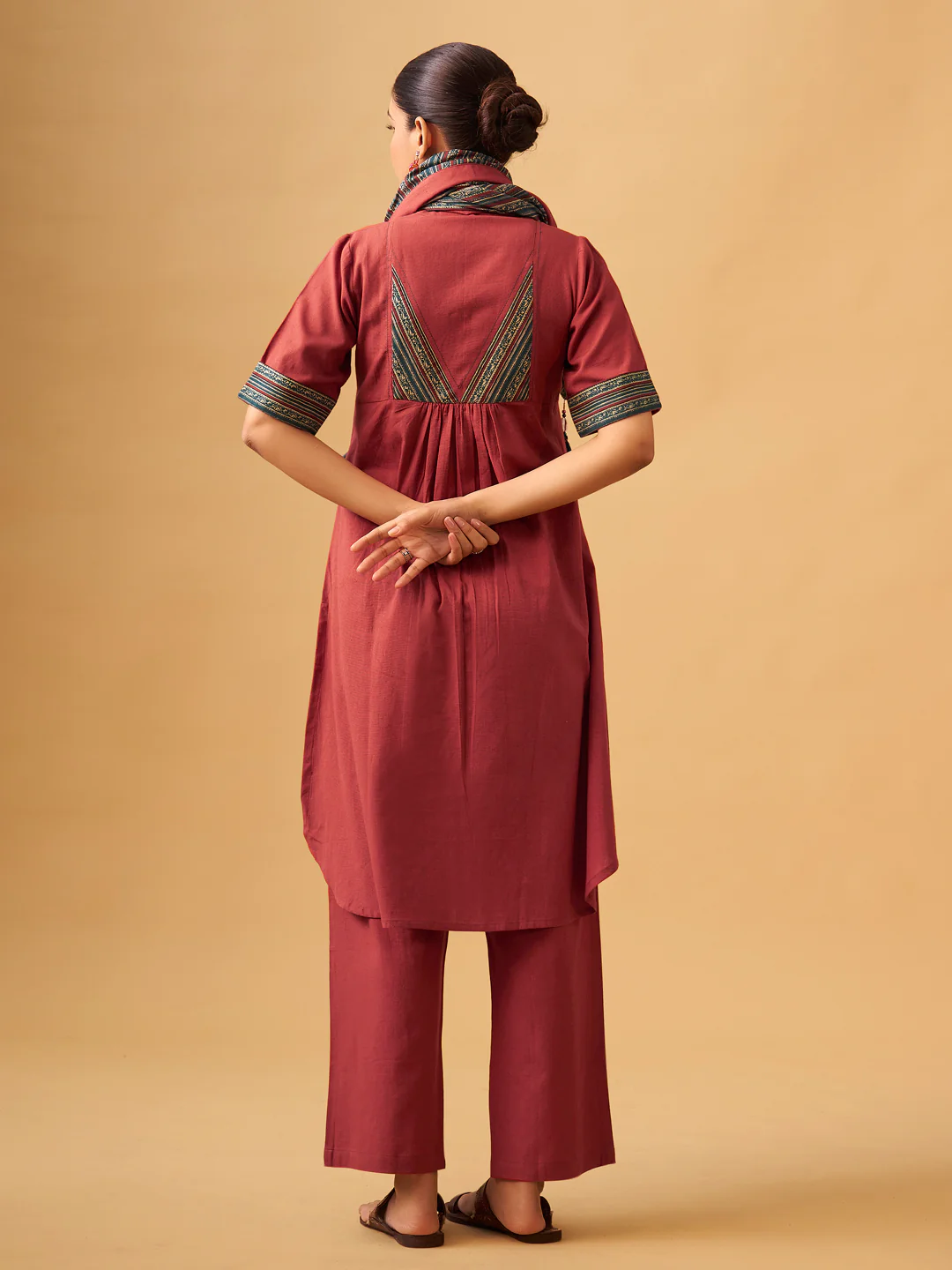 Cotton Kurta Set with Contrast Detailing & Tassel Scarf - Image 3