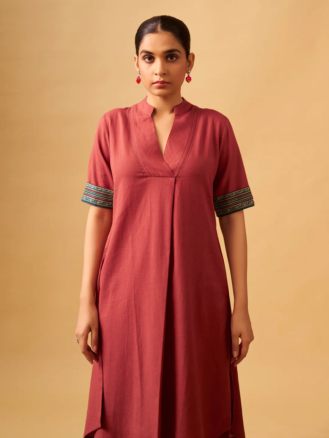 Cotton Kurta Set with Contrast Detailing & Tassel Scarf - Image 6