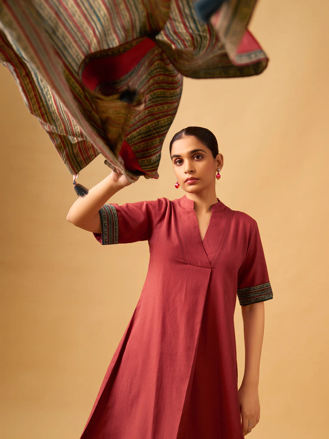 Cotton Kurta Set with Contrast Detailing & Tassel Scarf - Image 7
