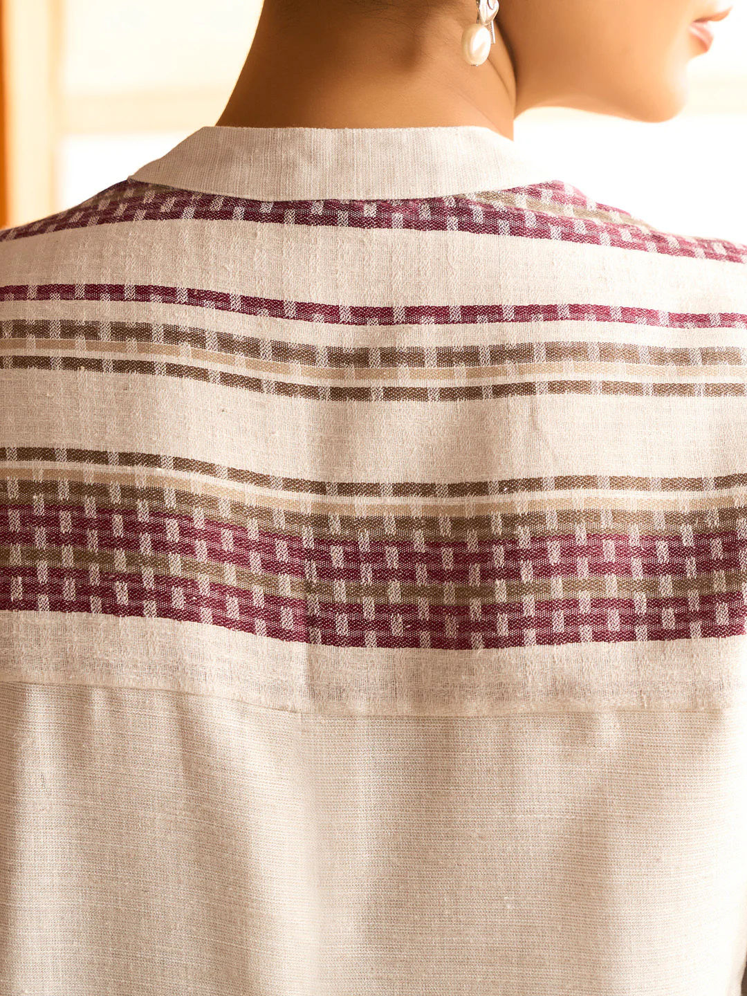 Cream & Maroon Handwoven Striped Cotton Kurta Set - Image 3