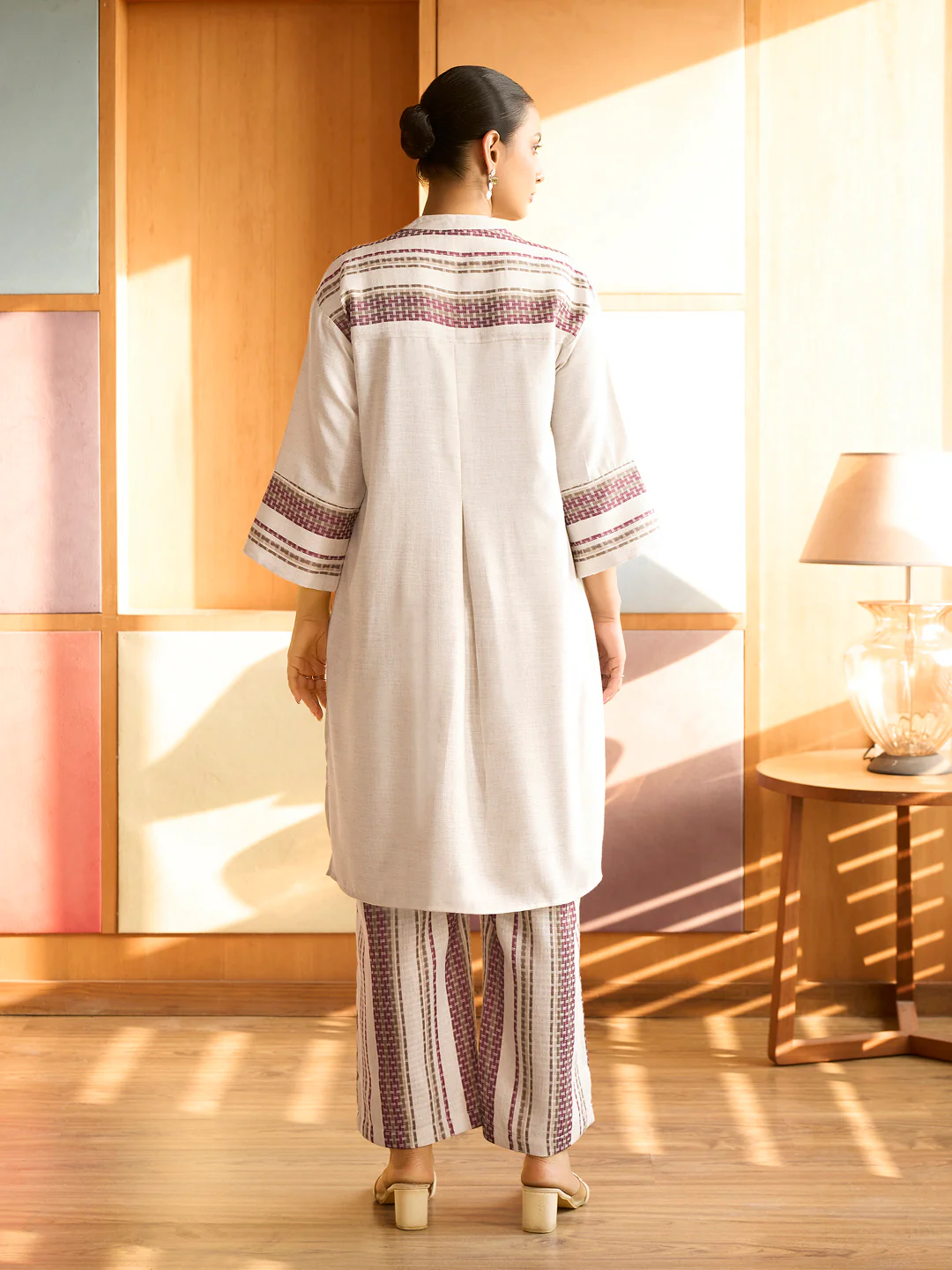 Cream & Maroon Handwoven Striped Cotton Kurta Set - Image 4