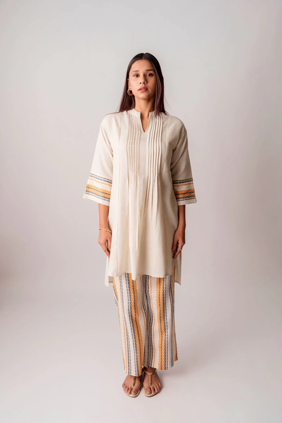 Cream & Mustard Handwoven Striped Cotton Kurta Set - Image 5