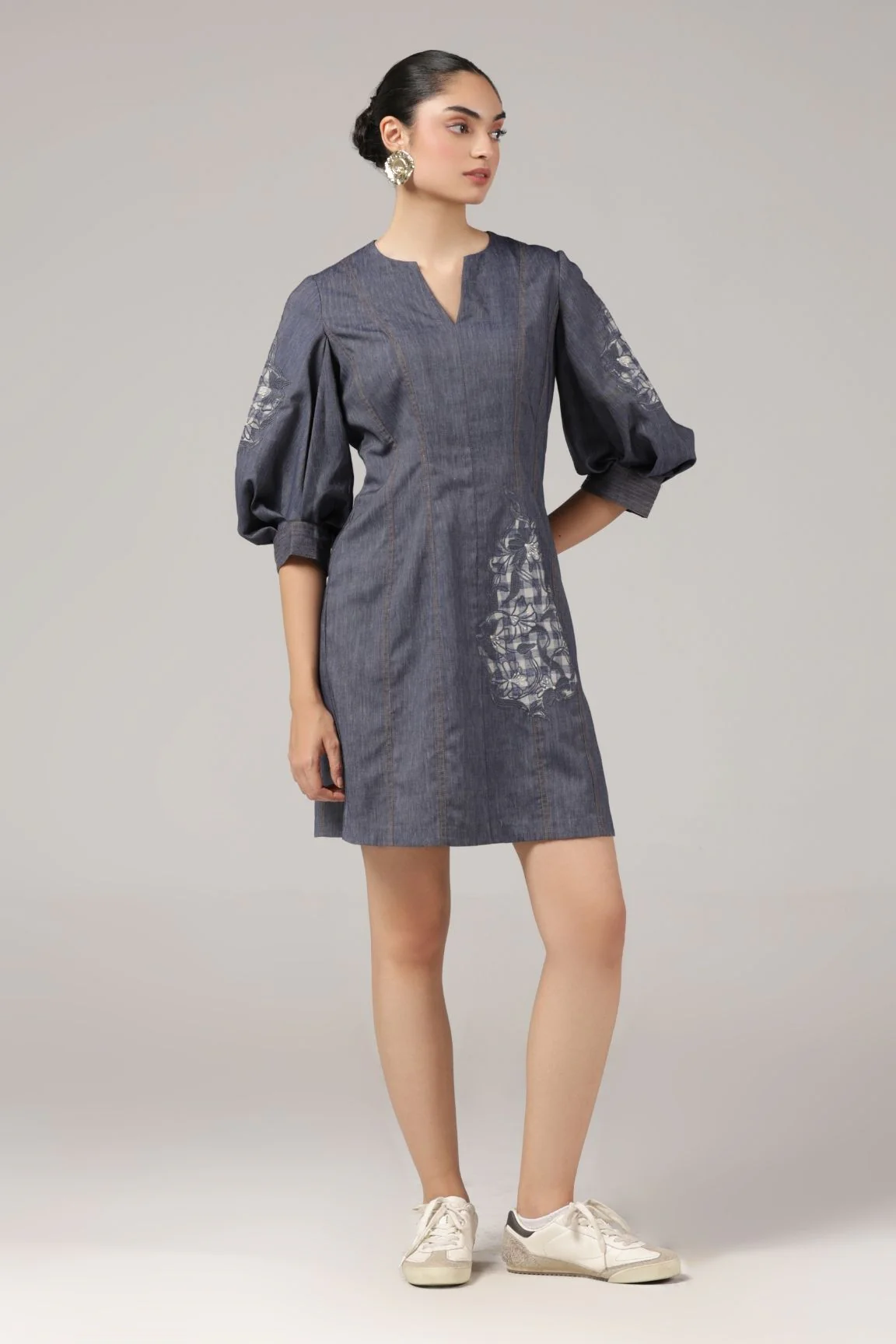 Denim Blue Embroidered Puff Sleeve Short Dress - Image 4