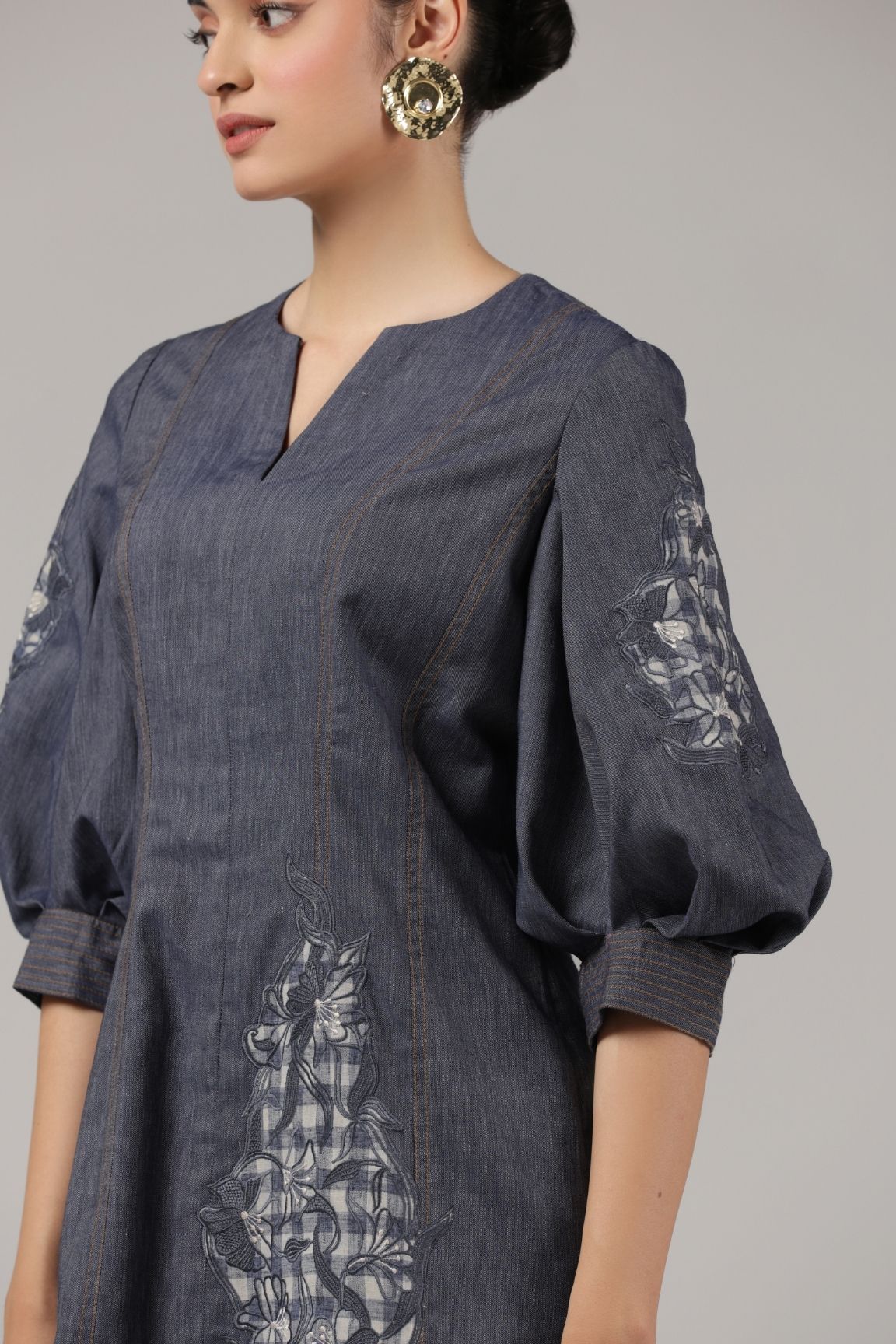 Denim Blue Embroidered Puff Sleeve Short Dress - Image 5