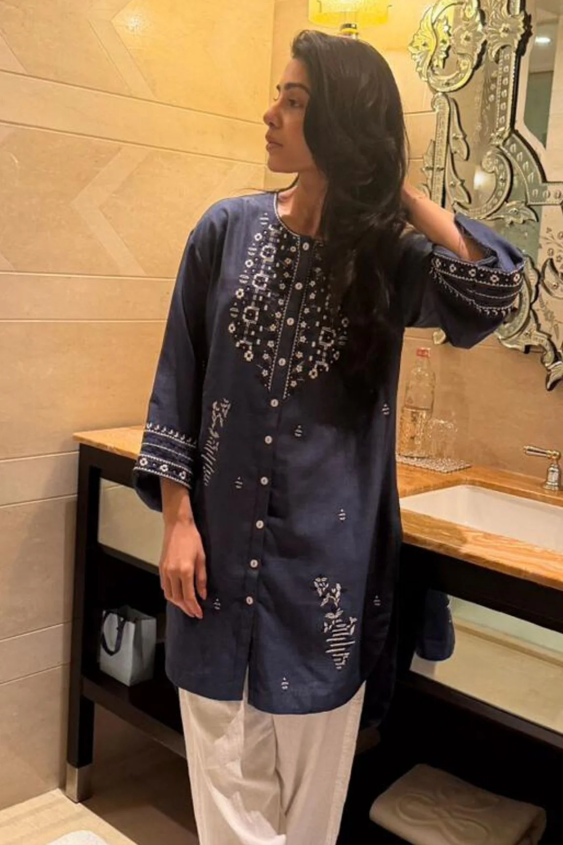 Denim Blue Embroidered Straight Kurta with Palazzos - Image 3