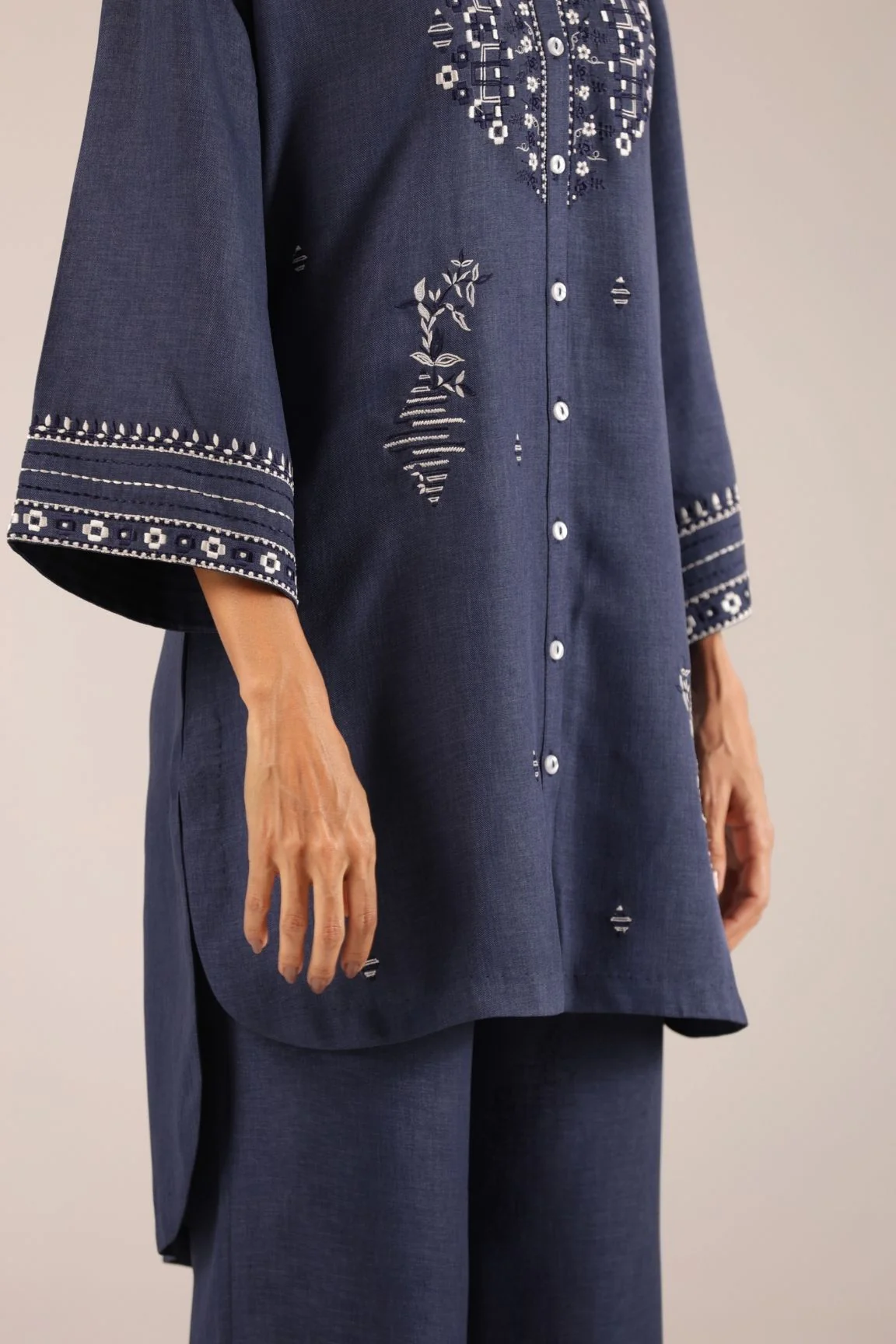 Denim Blue Embroidered Straight Kurta with Palazzos - Image 4