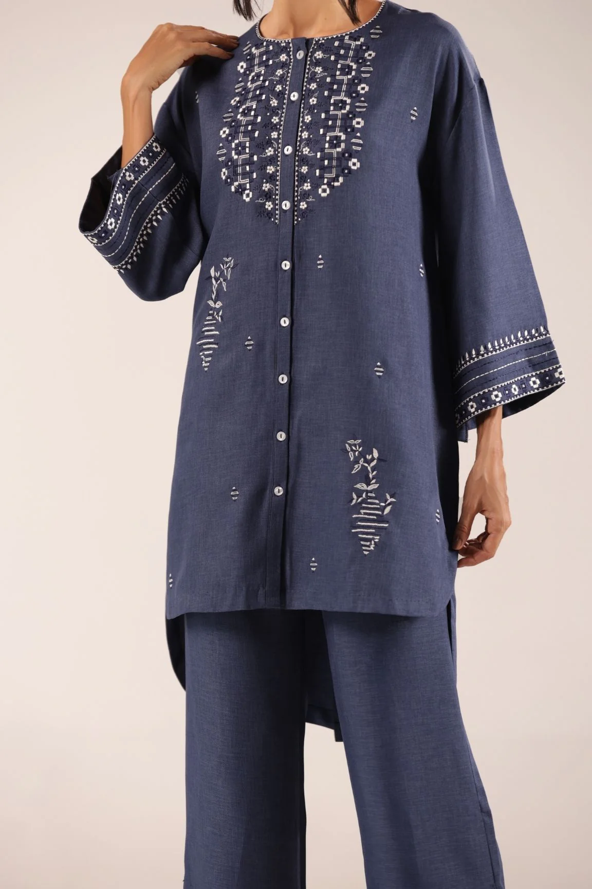 Denim Blue Embroidered Straight Kurta with Palazzos - Image 5