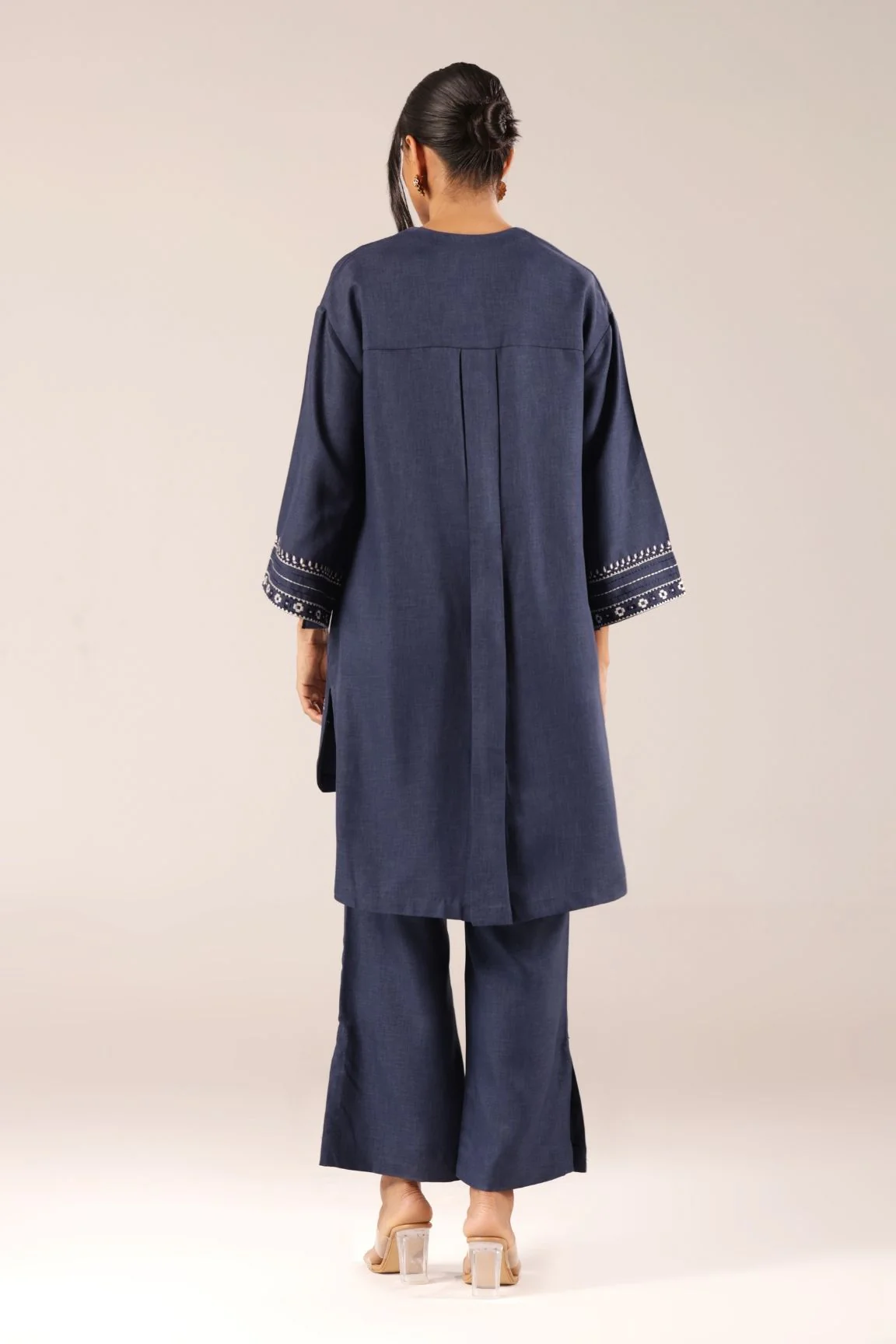 Denim Blue Embroidered Straight Kurta with Palazzos - Image 6