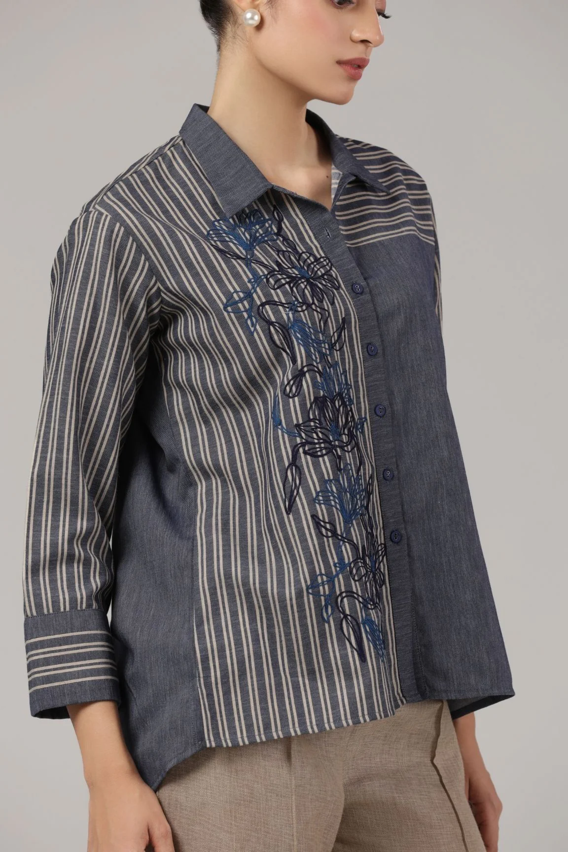 Denim Blue Striped Embroidered Cotton Shirt