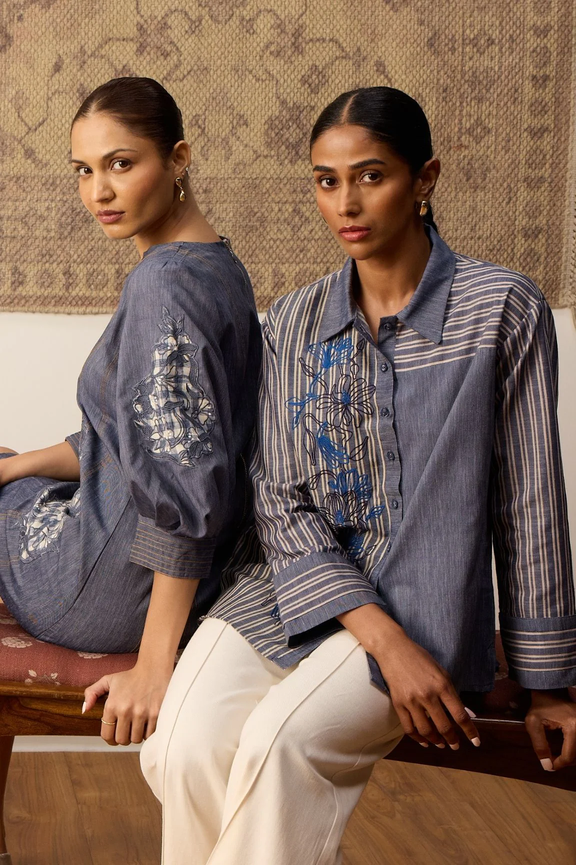 Denim Blue Striped Embroidered Cotton Shirt - Image 2