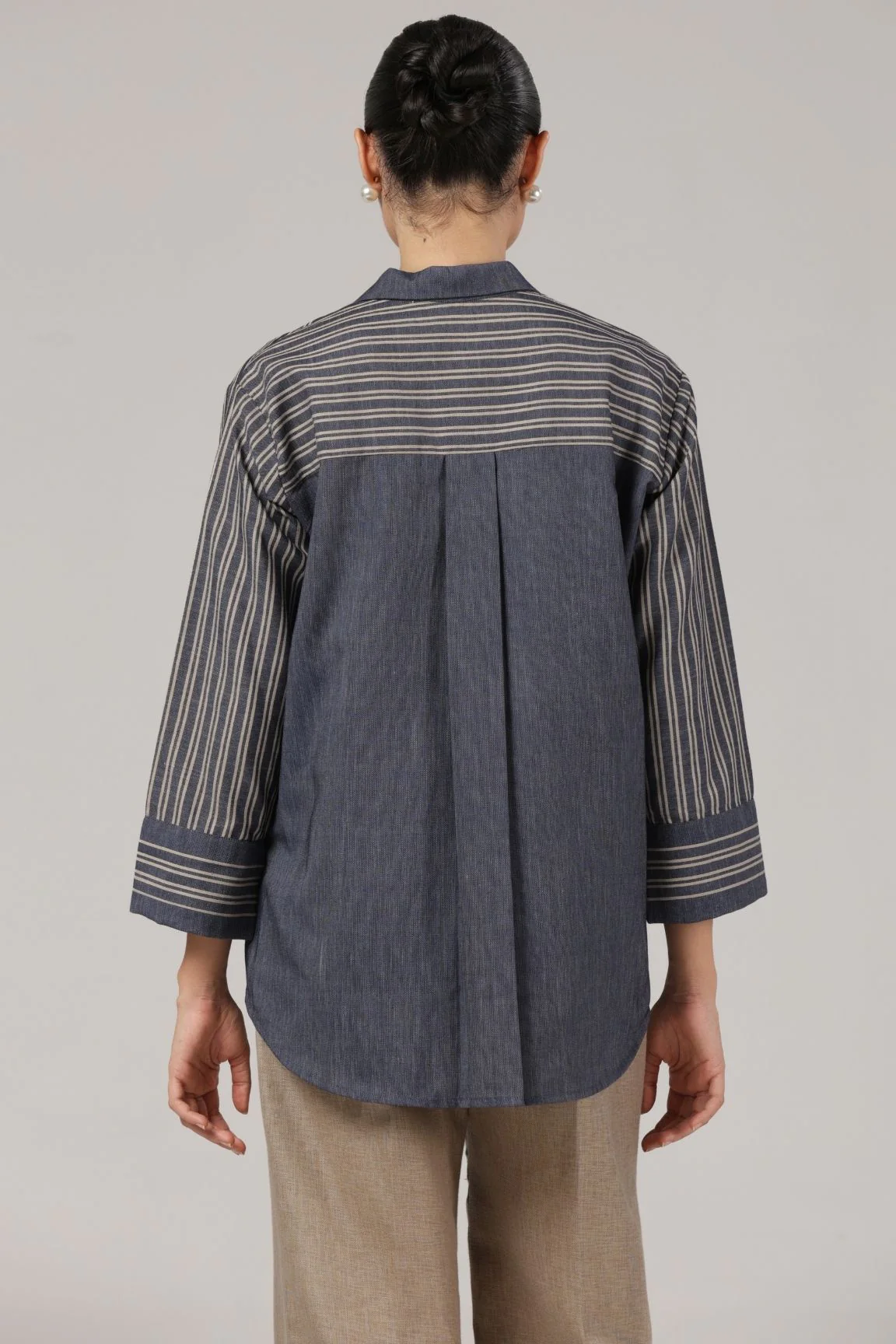 Denim Blue Striped Embroidered Cotton Shirt - Image 4