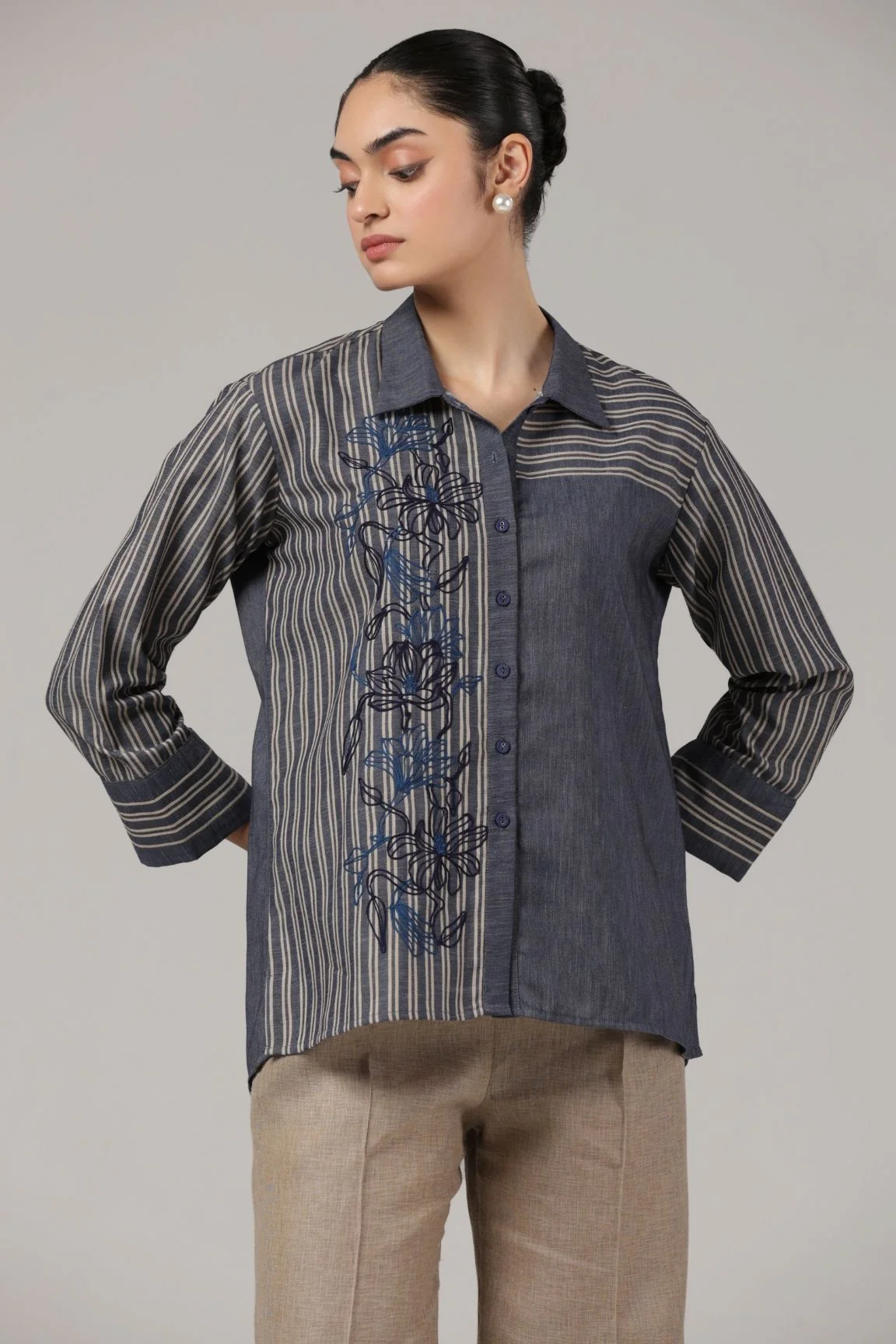 Denim Blue Striped Embroidered Cotton Shirt - Image 5