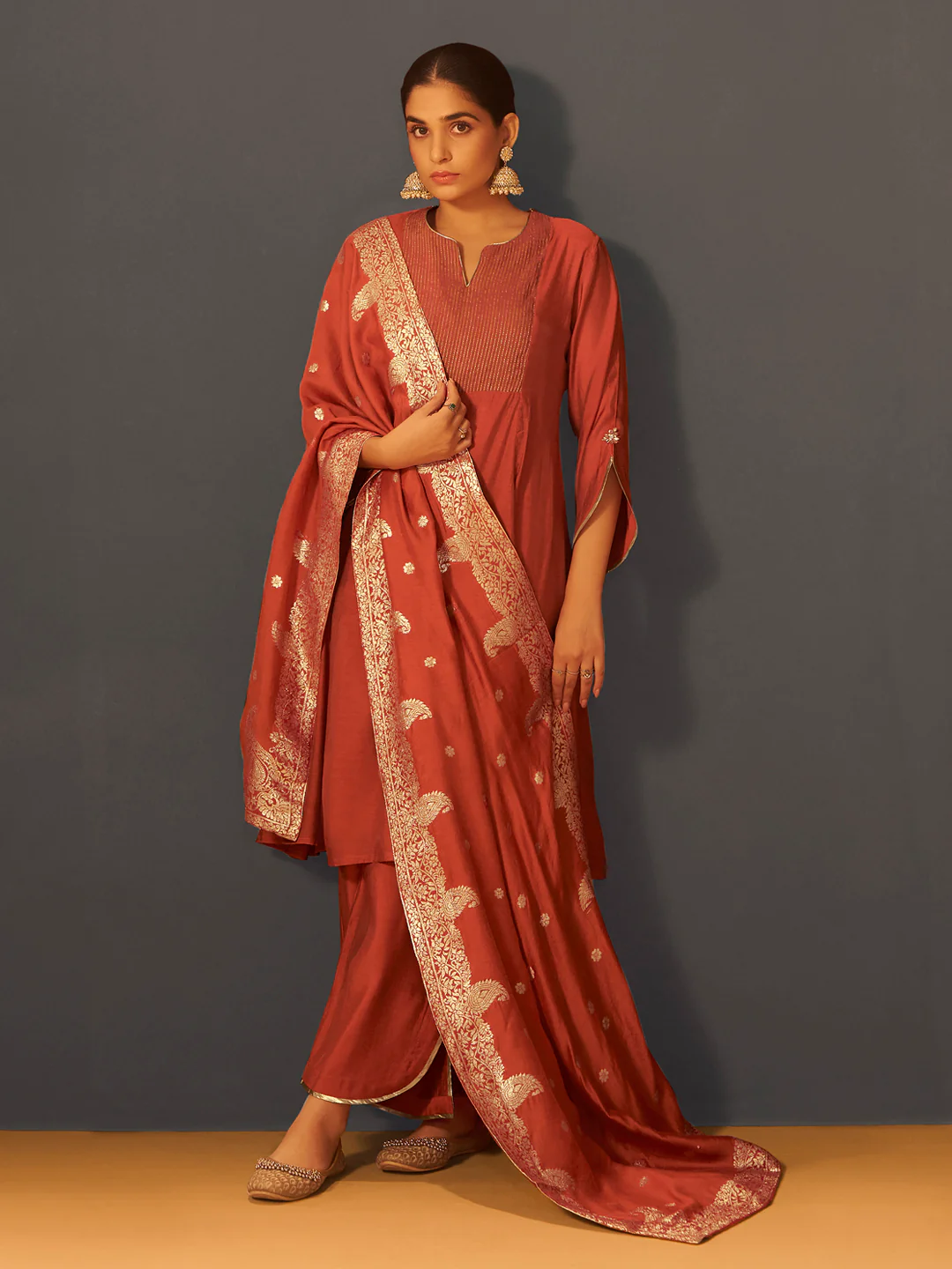 Rust Red Chanderi Silk Suit Set with Banarasi Dupatta - Image 3