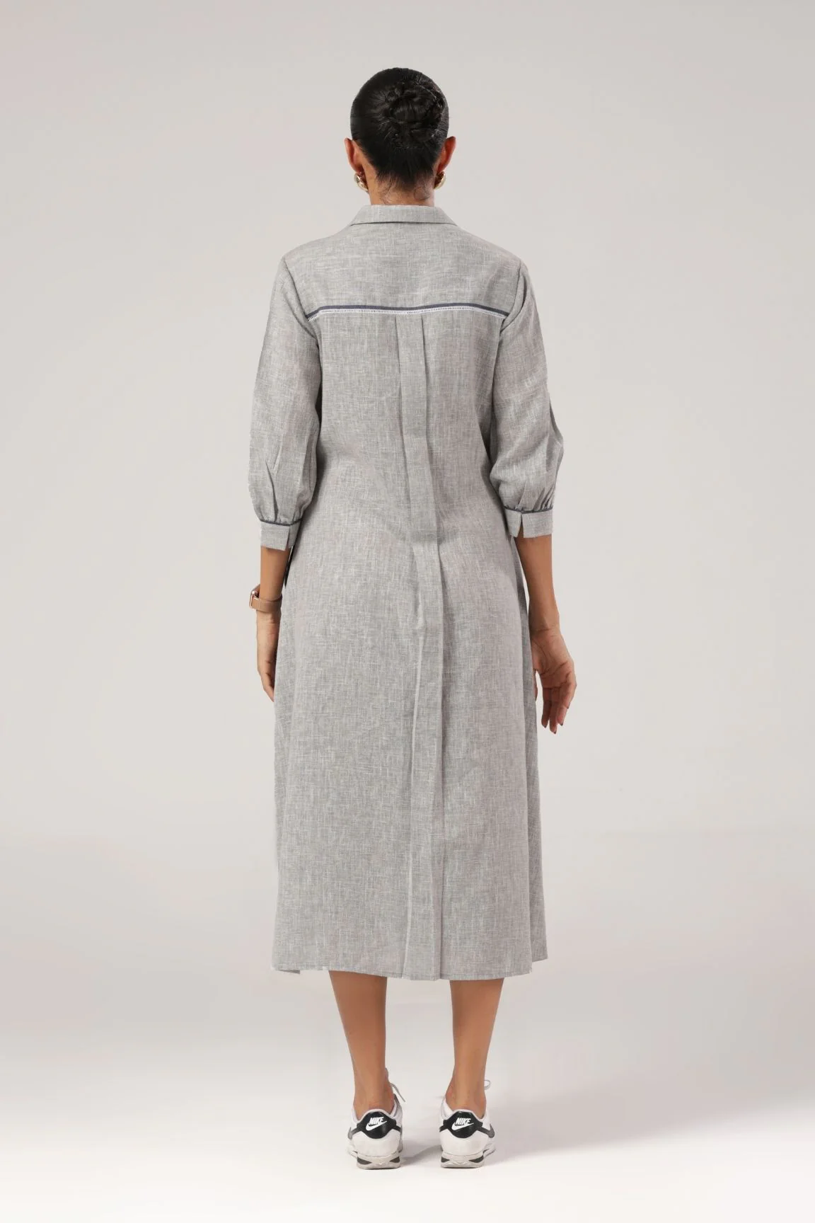 Grey Embroidered Cotton Midi Dress - Image 3